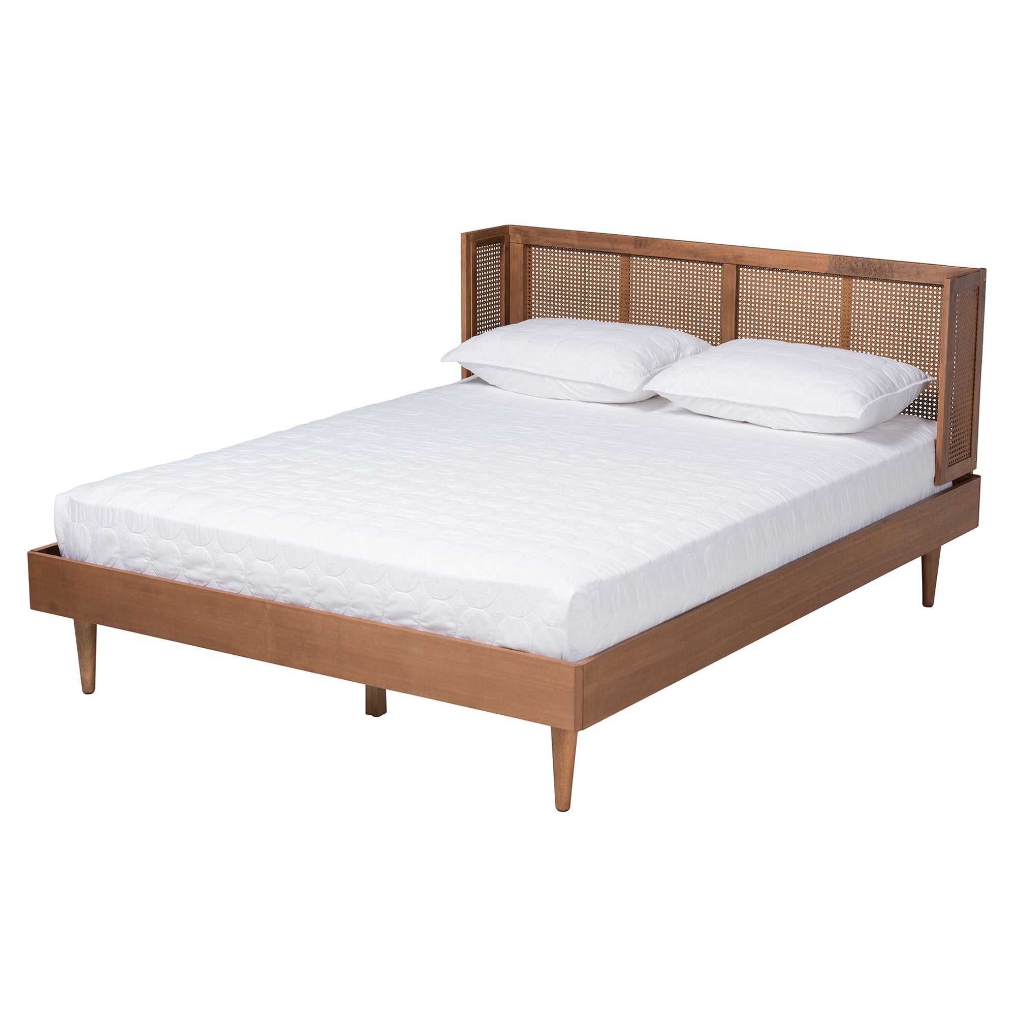 Baxton Studio Rina Mid-Century Modern Ash Walnut Finished Wood 4-Piece Queen Size Bedroom Set with Synthetic Rattan