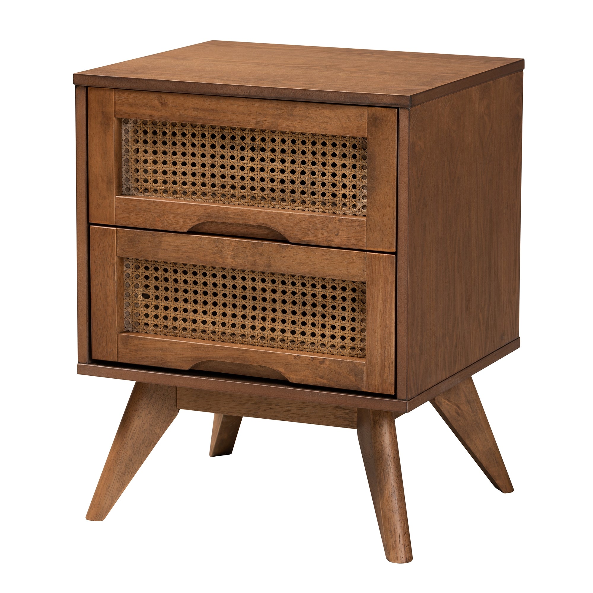 Baxton Studio Rina Mid-Century Modern Ash Walnut Finished Wood 4-Piece Full Size Bedroom Set with Synthetic Rattan