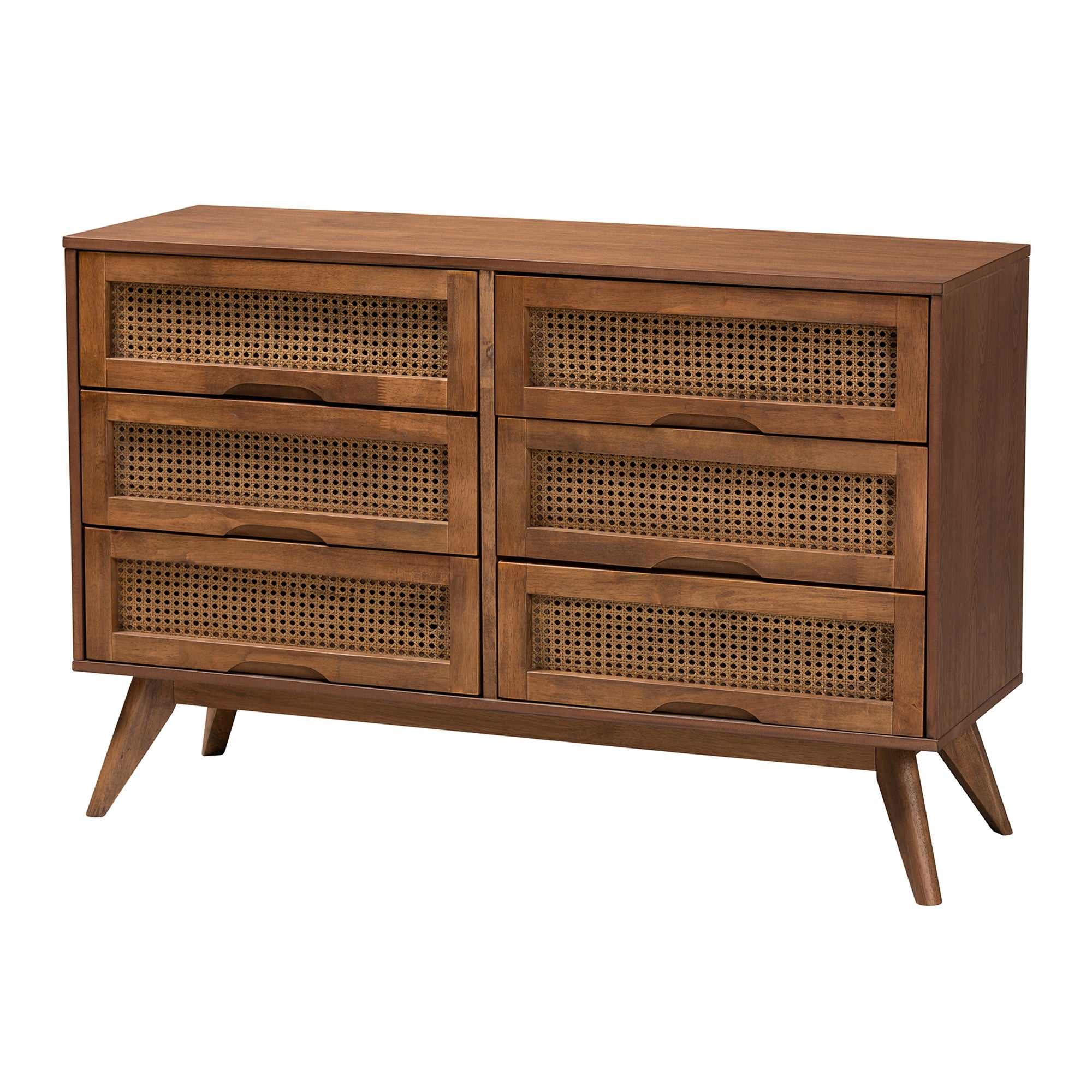 Baxton Studio Rina Mid-Century Modern Ash Walnut Finished Wood 4-Piece Full Size Bedroom Set with Synthetic Rattan