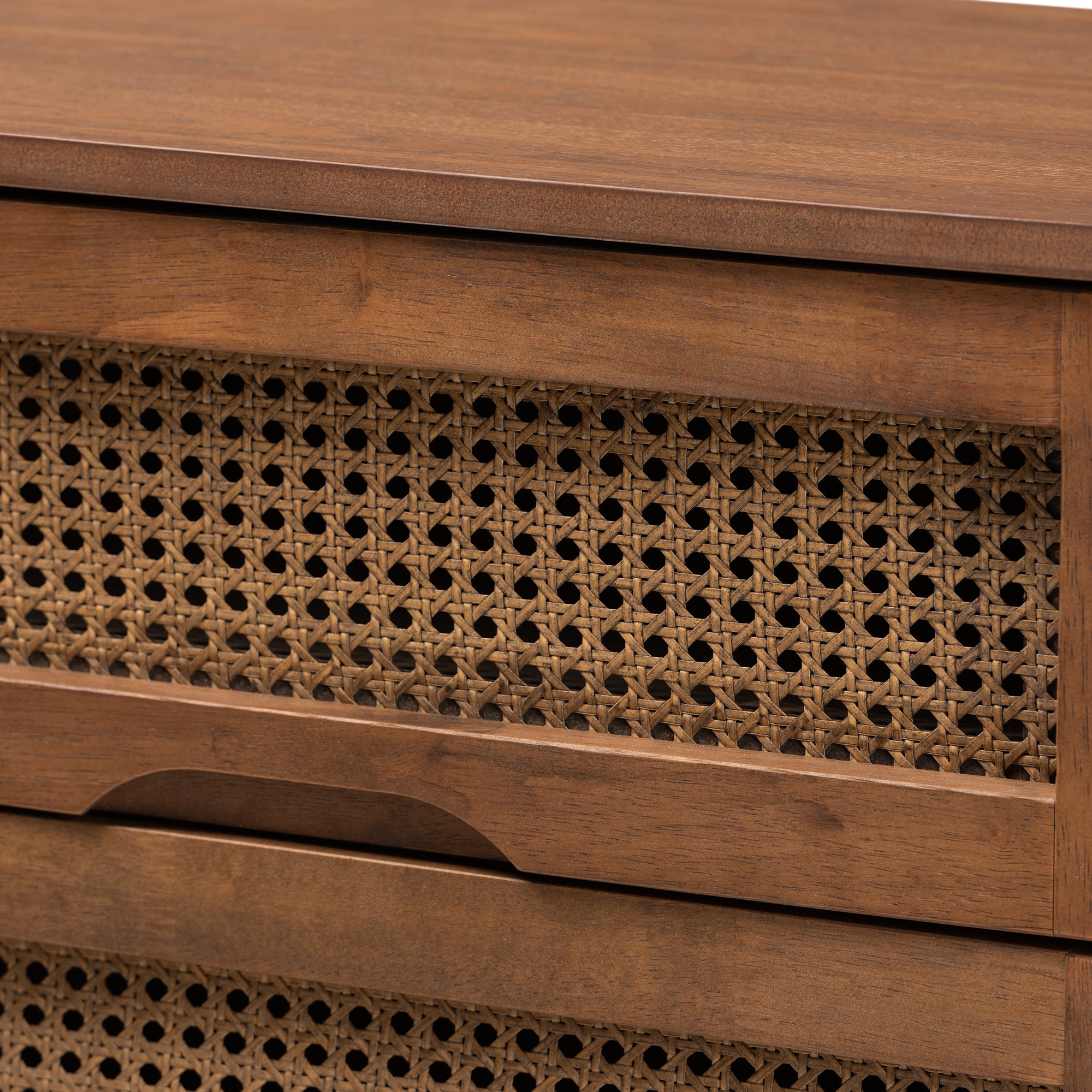 Baxton Studio Rina Mid-Century Modern Ash Walnut Finished Wood 4-Piece Queen Size Bedroom Set with Synthetic Rattan