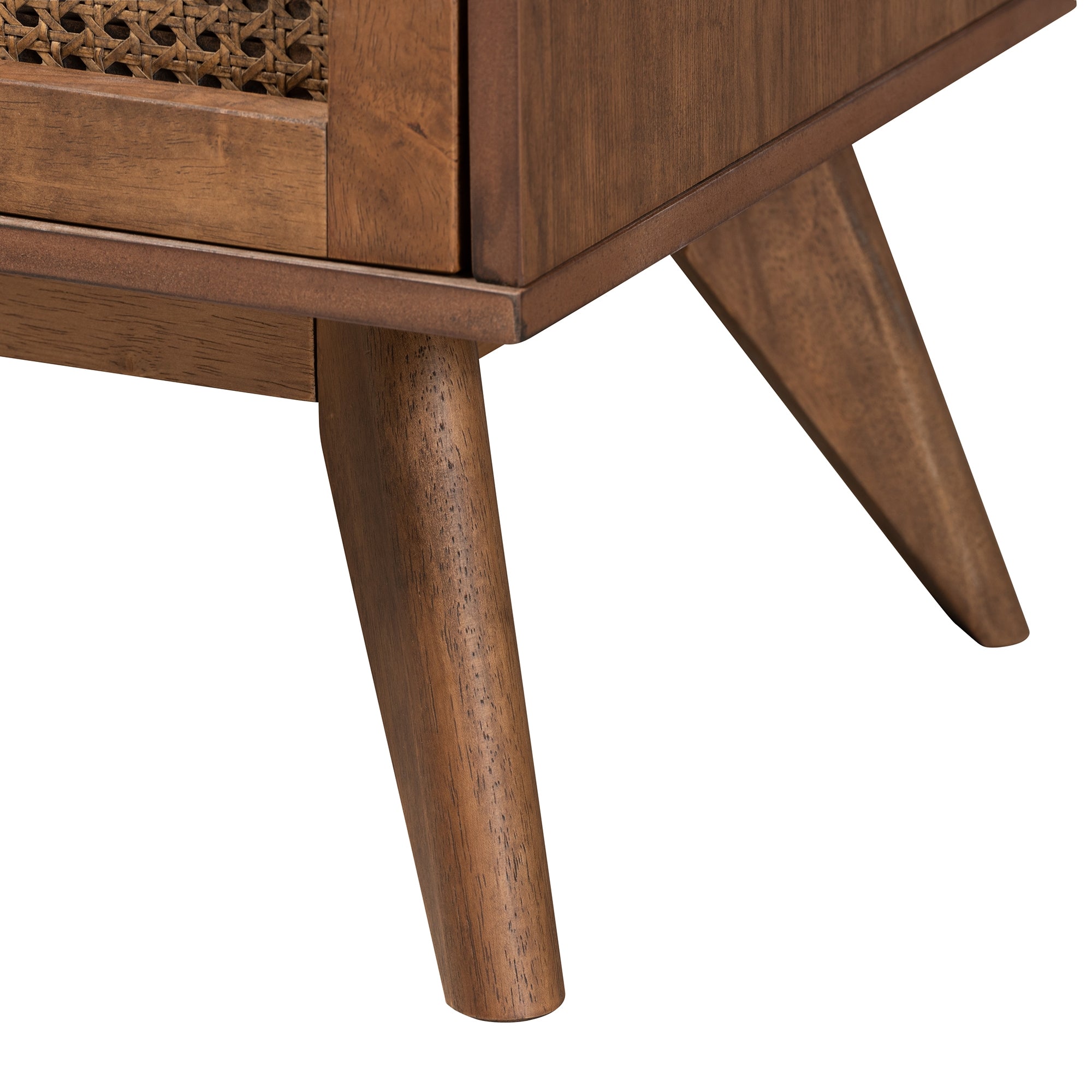 Baxton Studio Rina Mid-Century Modern Ash Walnut Finished Wood 4-Piece King Size Bedroom Set with Synthetic Rattan