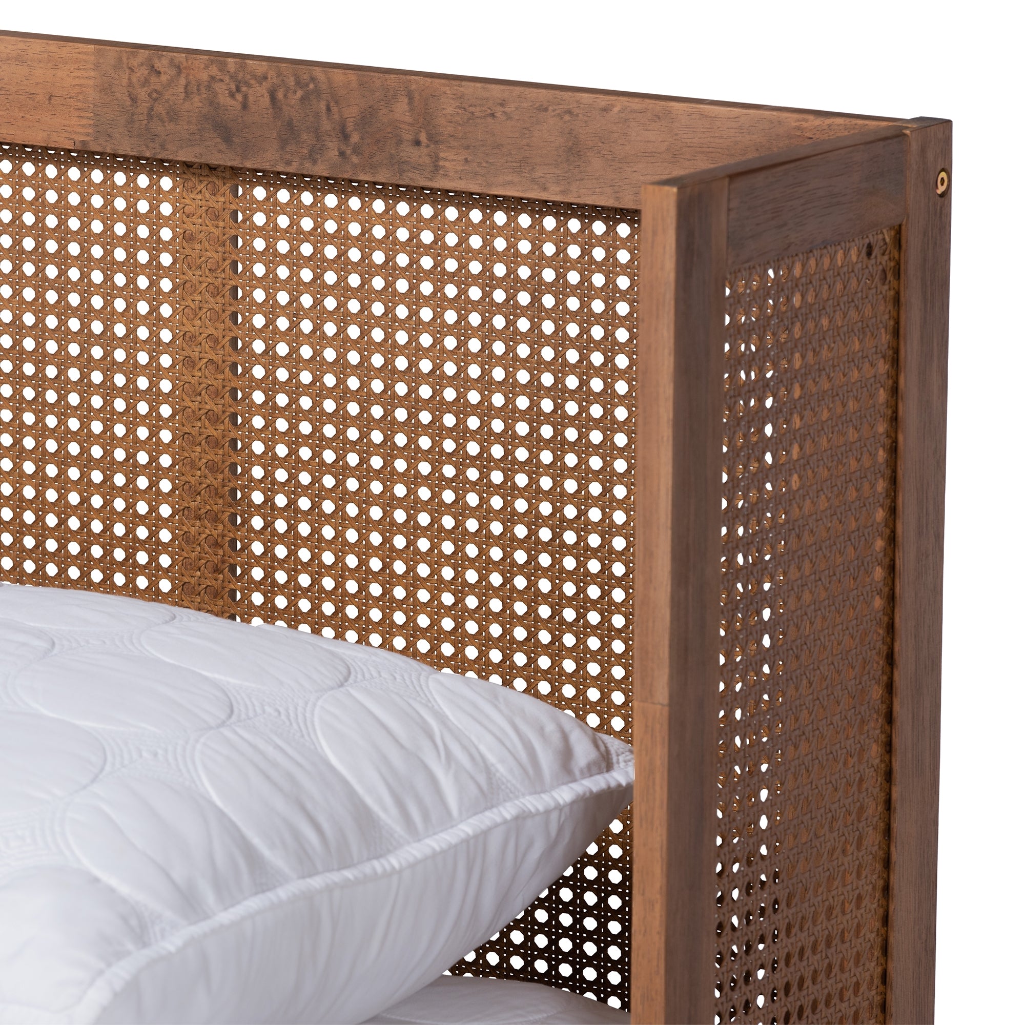 Baxton Studio Rina Mid-Century Modern Ash Walnut Finished Wood 4-Piece Full Size Bedroom Set with Synthetic Rattan