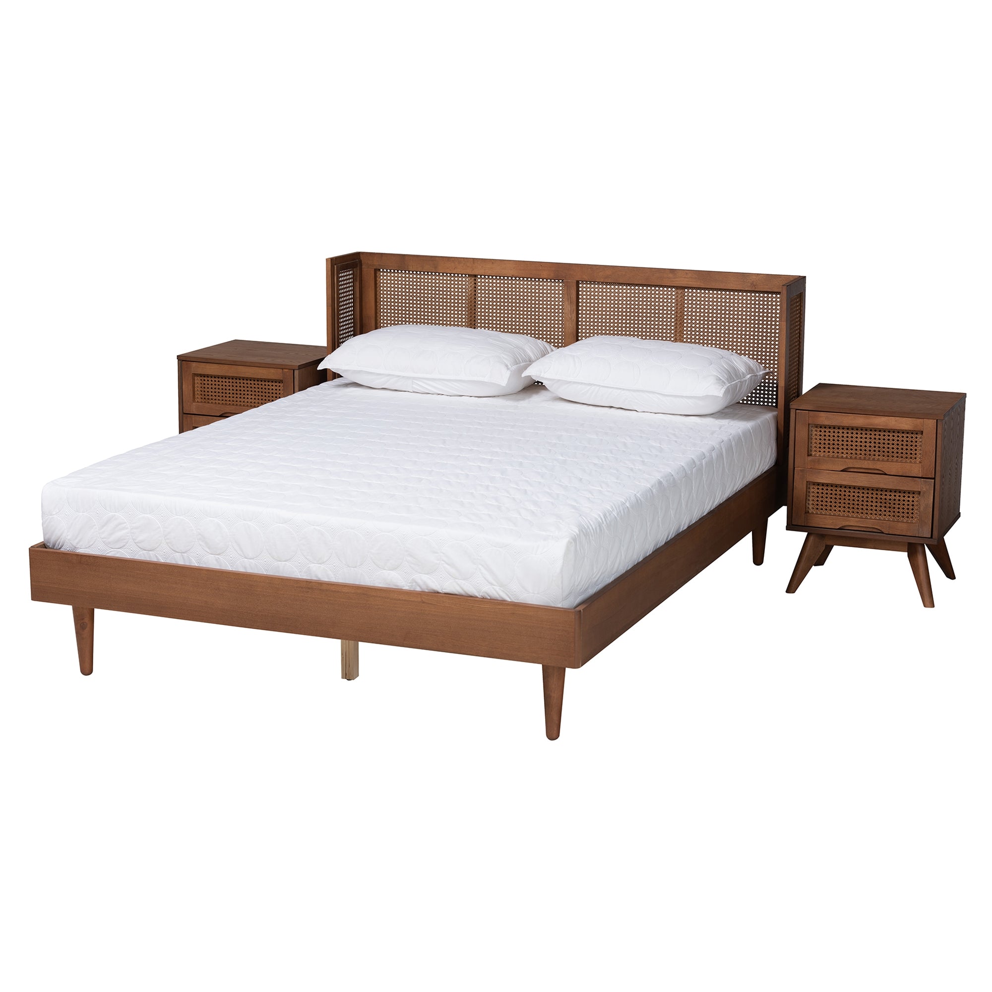 Baxton Studio Rina Mid-Century Modern Ash Walnut Finished Wood 3-Piece Full Size Bedroom Set with Synthetic Rattan