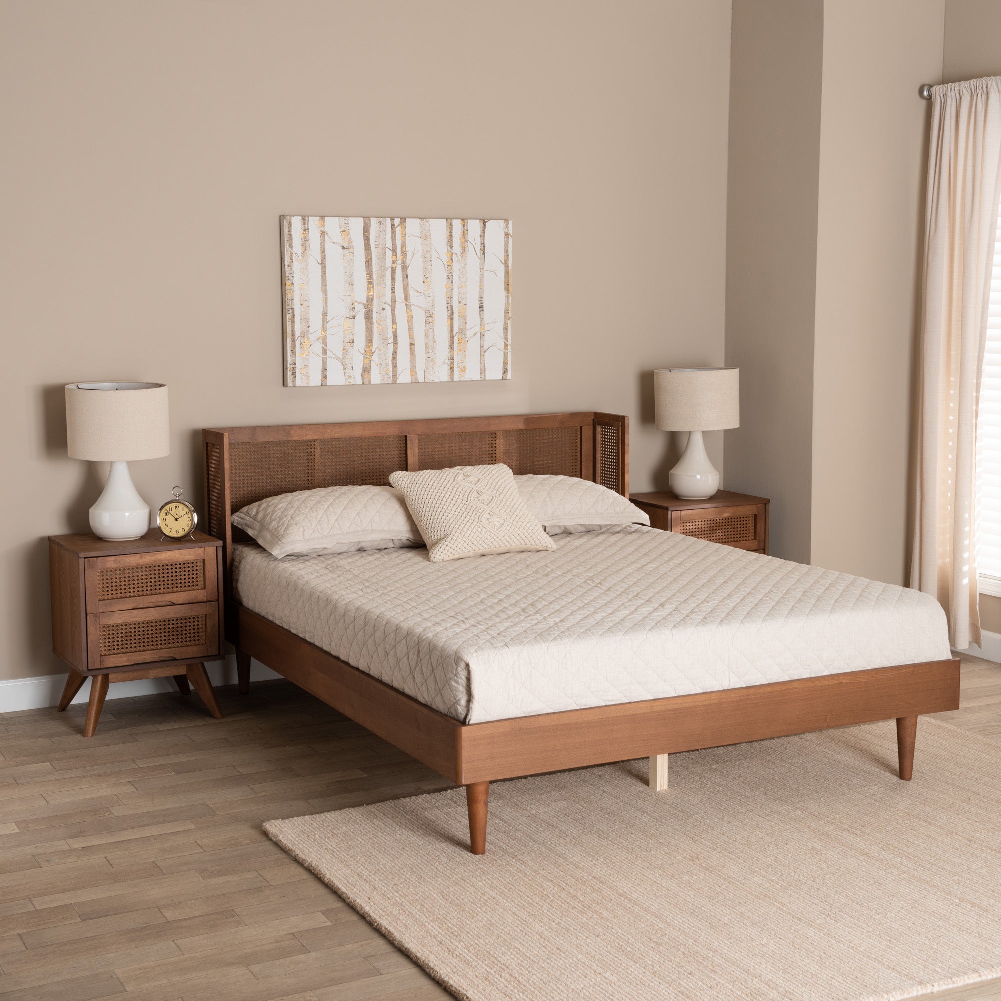 Baxton Studio Rina Mid-Century Modern Ash Walnut Finished Wood 3-Piece Full Size Bedroom Set with Synthetic Rattan