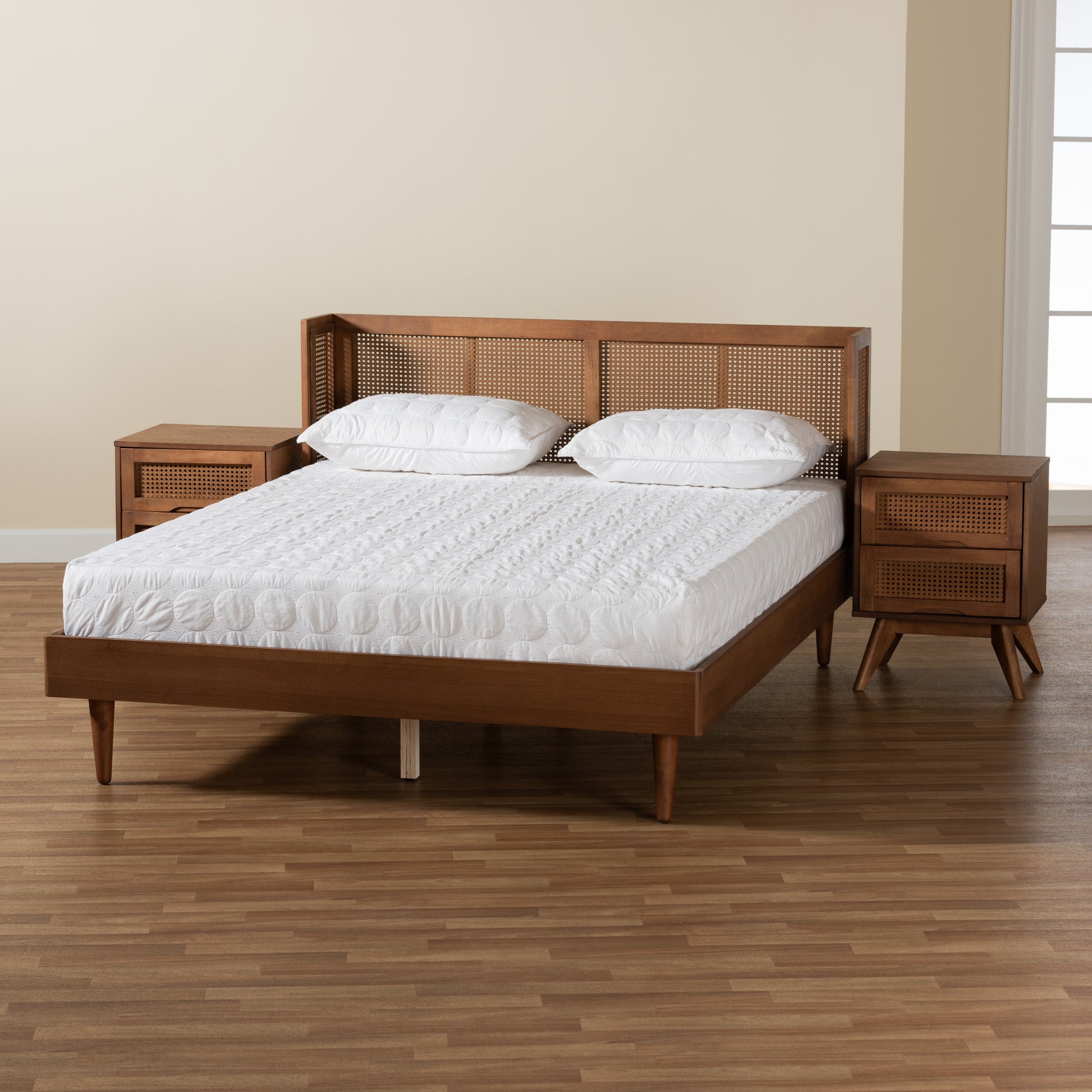Baxton Studio Rina Mid-Century Modern Ash Walnut Finished Wood 3-Piece Queen Size Bedroom Set with Synthetic Rattan