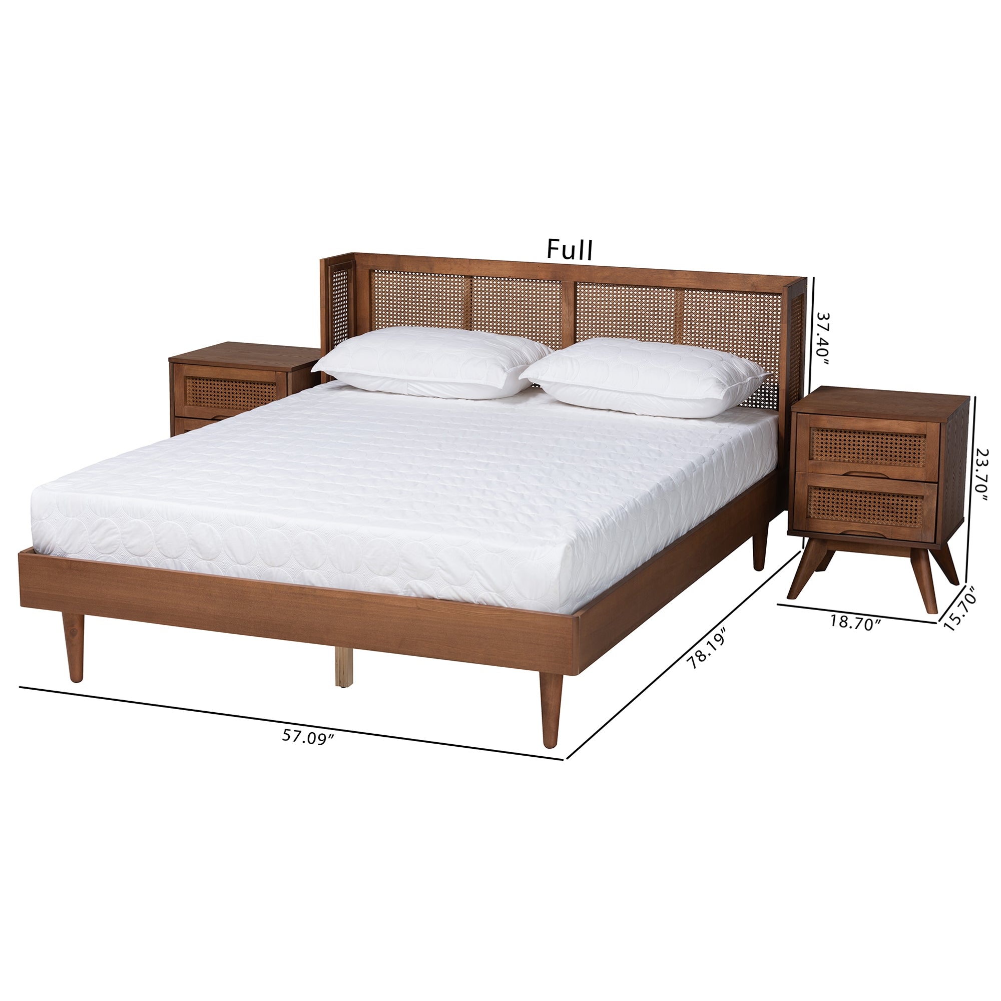 Baxton Studio Rina Mid-Century Modern Ash Walnut Finished Wood 3-Piece Full Size Bedroom Set with Synthetic Rattan