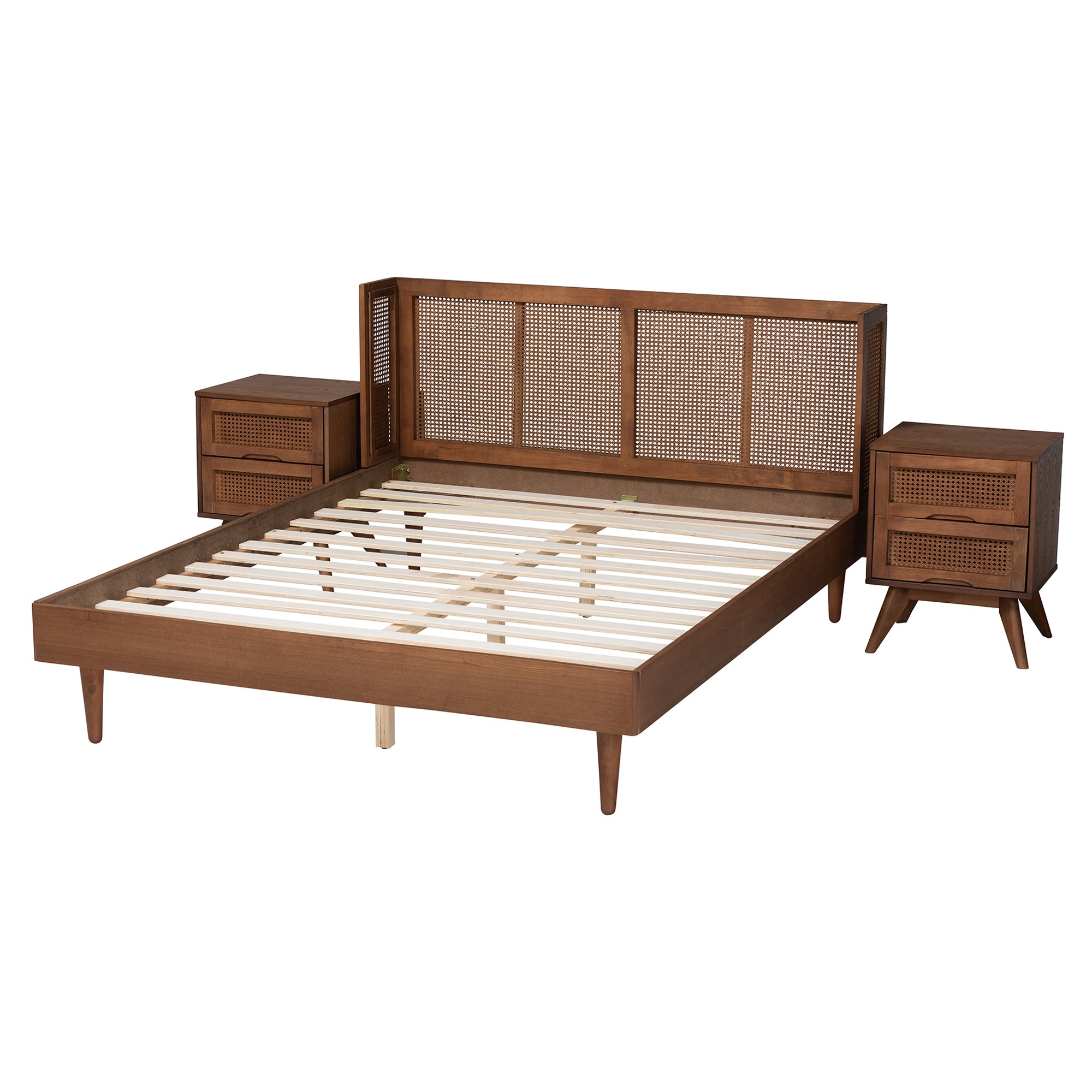 Baxton Studio Rina Mid-Century Modern Ash Walnut Finished Wood 3-Piece Full Size Bedroom Set with Synthetic Rattan