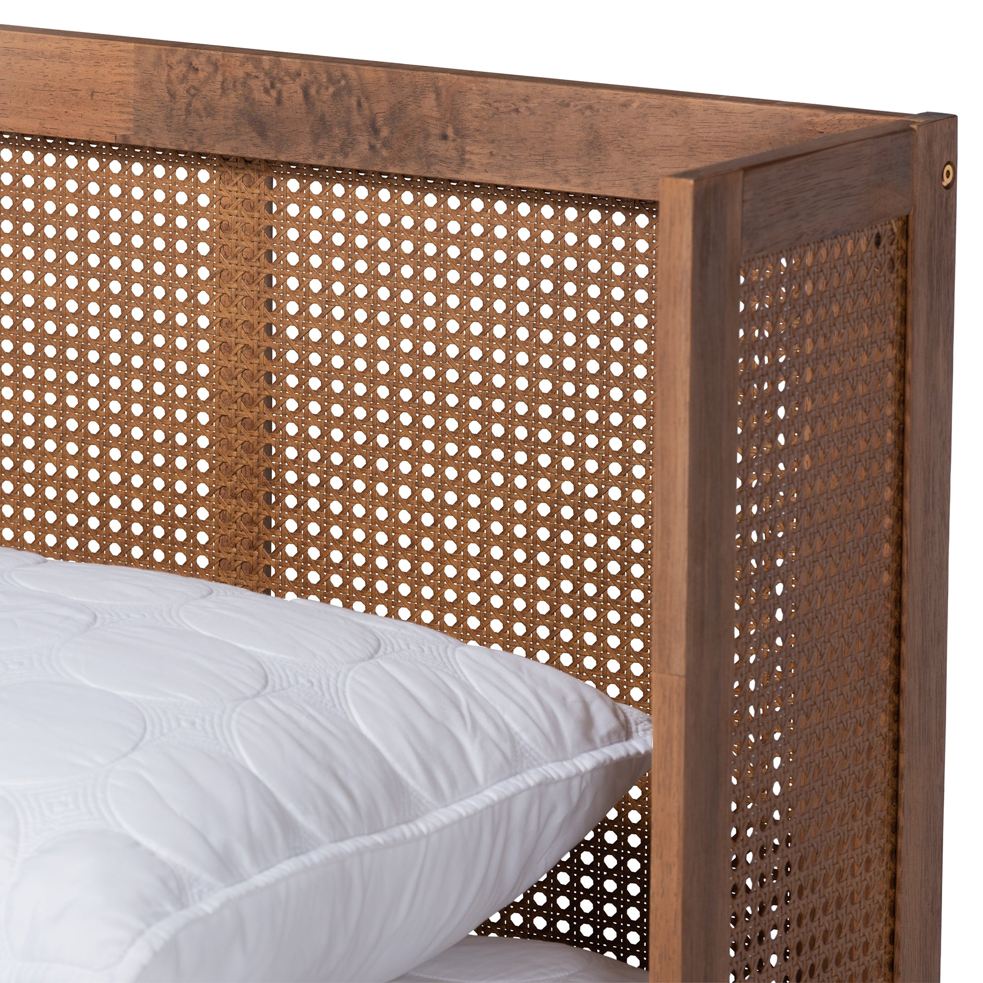 Baxton Studio Rina Mid-Century Modern Ash Wanut Finished Wood and Synthetic Rattan King Size Platform Bed with Wrap-Around Headboard