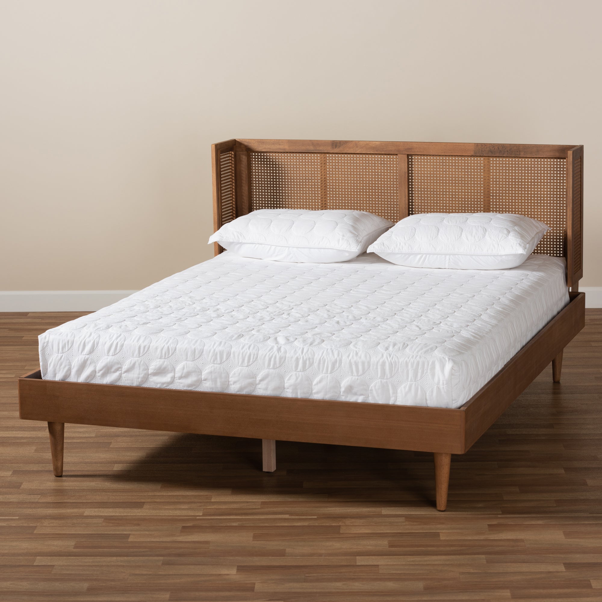 Baxton Studio Rina Mid-Century Modern Ash Wanut Finished Wood and Synthetic Rattan Full Size Platform Bed with Wrap-Around Headboard