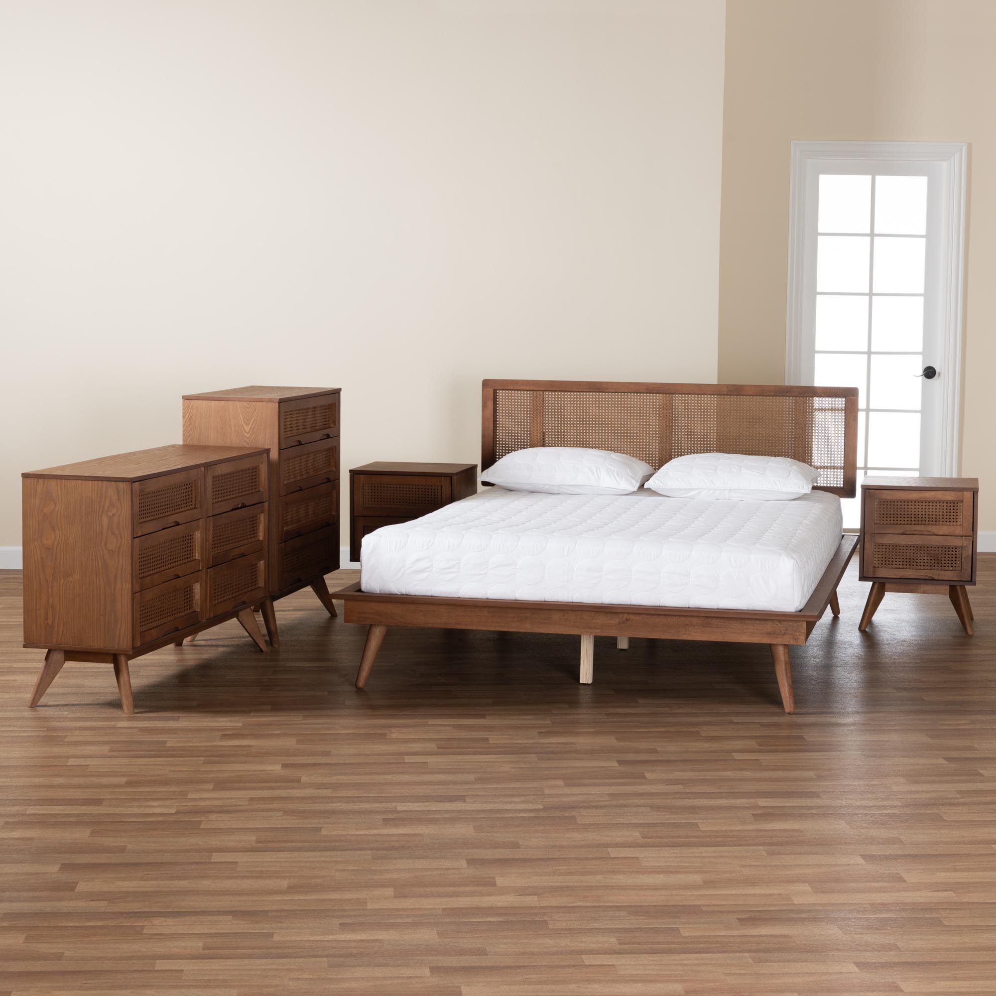 Baxton Studio Nura Mid-Century Modern Walnut Brown Finished Wood and Rattan Full Size 5-Piece Bedroom Set