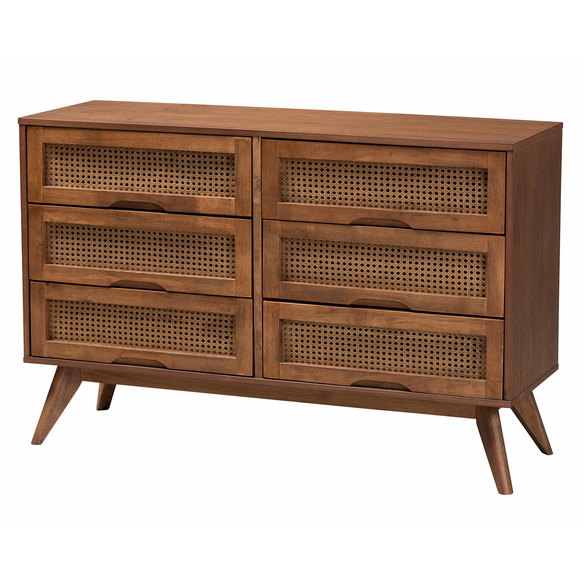 Baxton Studio Nura Mid-Century Modern Walnut Brown Finished Wood and Rattan Queen Size 5-Piece Bedroom Set