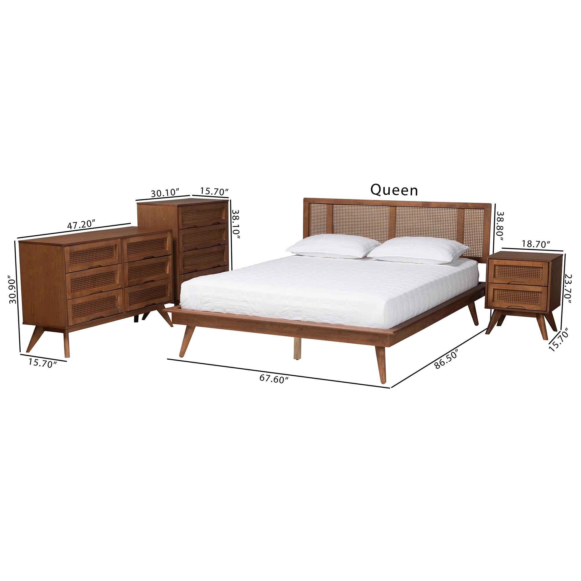 Baxton Studio Nura Mid-Century Modern Walnut Brown Finished Wood and Rattan Full Size 4-Piece Bedroom Set