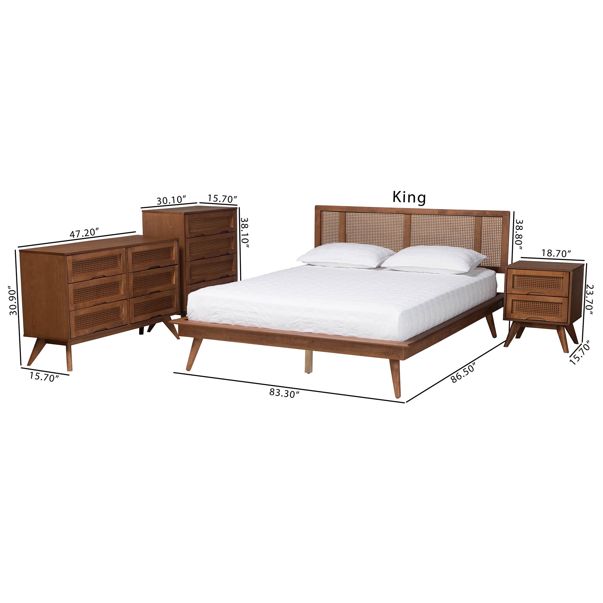 Baxton Studio Nura Mid-Century Modern Walnut Brown Finished Wood and Rattan Full Size 4-Piece Bedroom Set