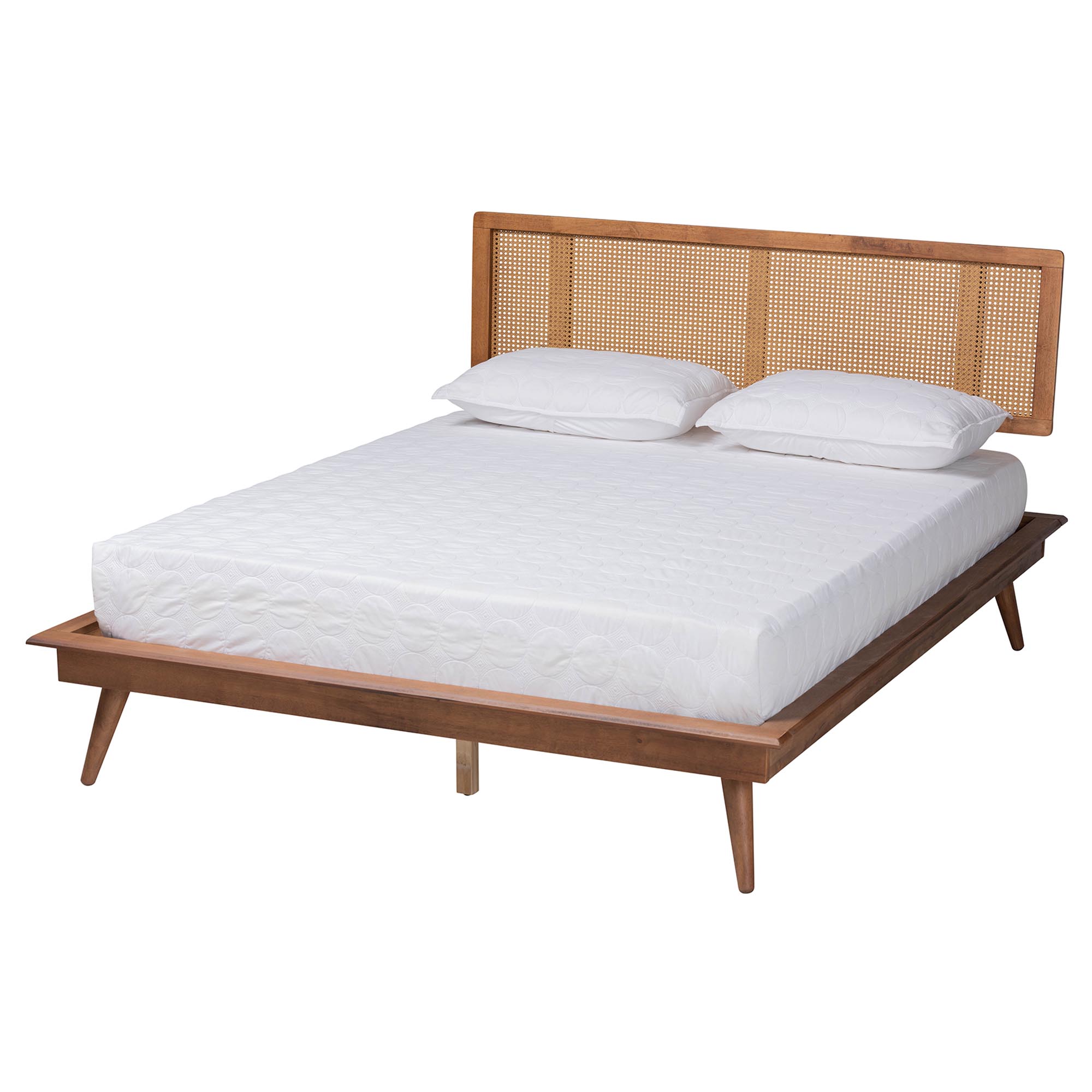 Baxton Studio Nura Mid-Century Modern Walnut Brown Finished Wood and Rattan Full Size 3-Piece Bedroom Set