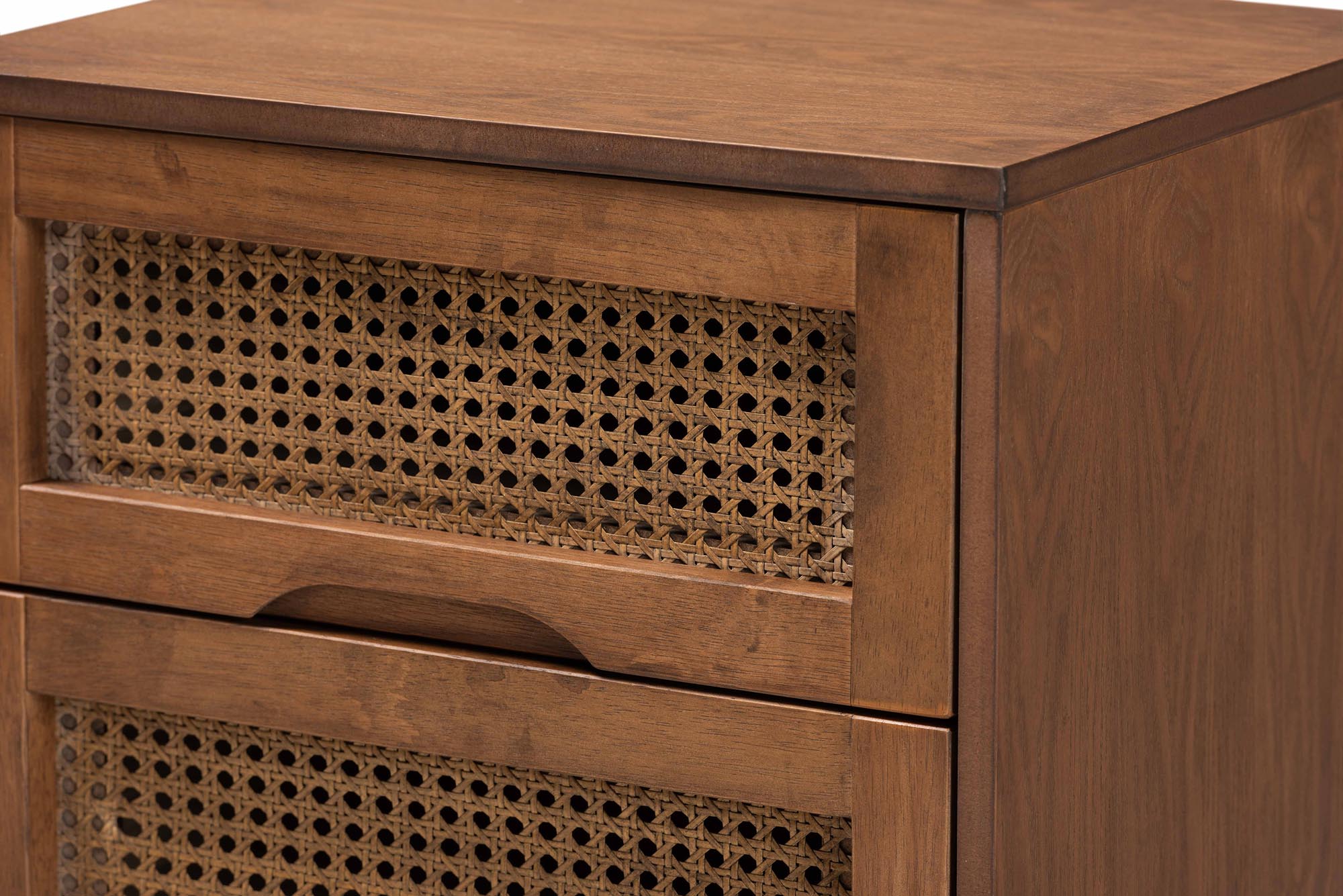 Baxton Studio Nura Mid-Century Modern Walnut Brown Finished Wood and Rattan Queen Size 3-Piece Bedroom Set