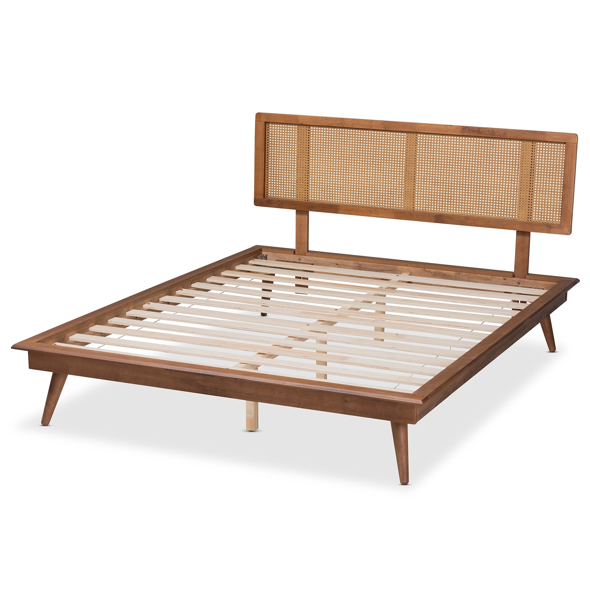 Baxton Studio Nura Mid-Century Modern Walnut Brown Finished Wood and Synthetic Rattan Full Size Platform Bed