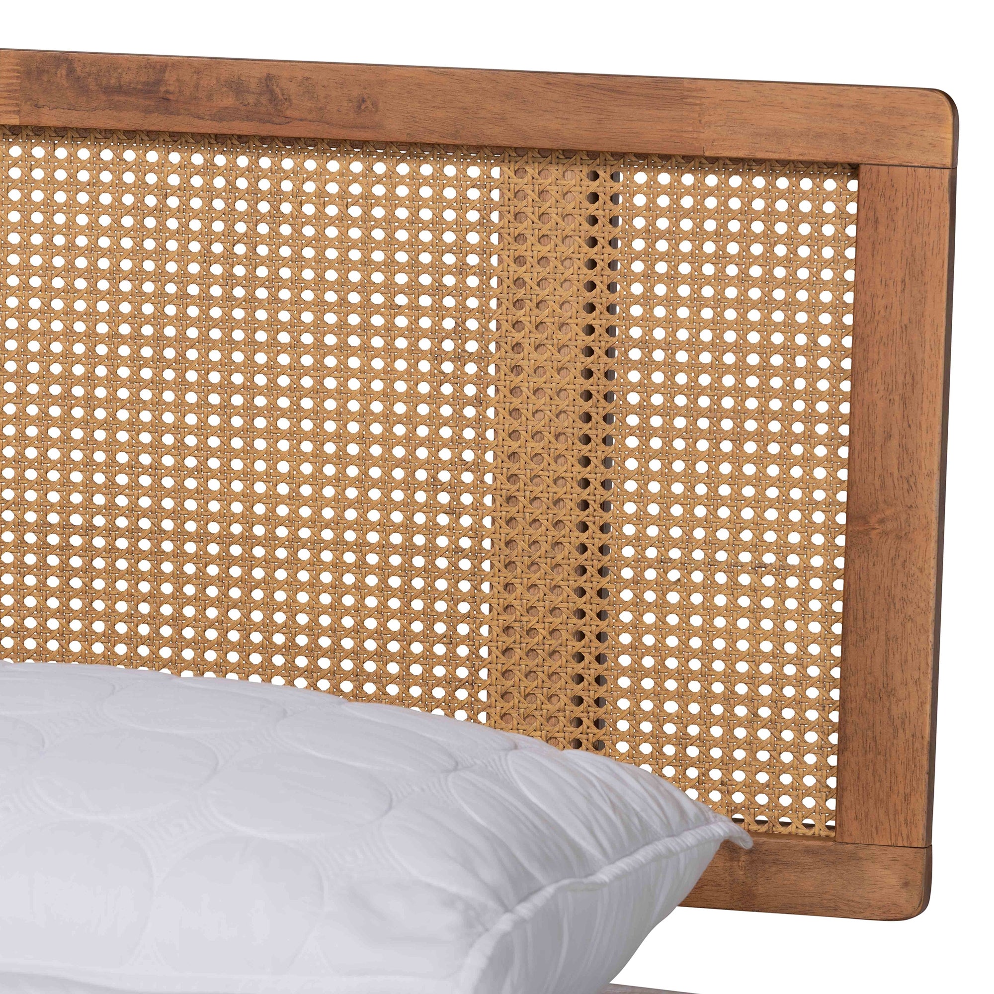 Baxton Studio Nura Mid-Century Modern Walnut Brown Finished Wood and Synthetic Rattan Full Size Platform Bed