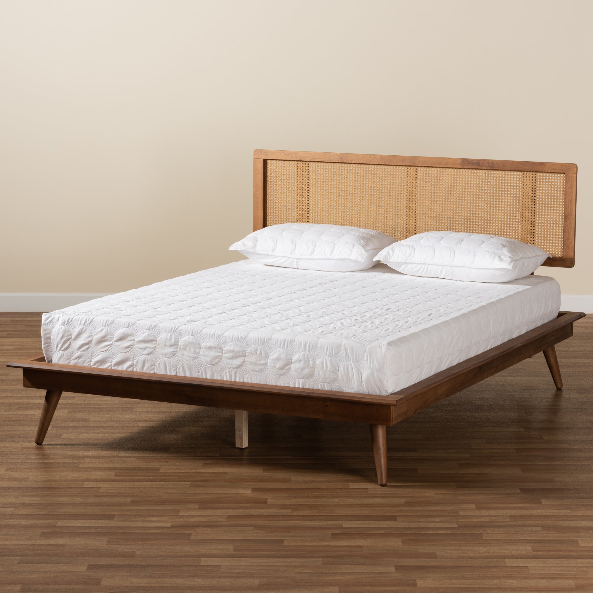 Baxton Studio Nura Mid-Century Modern Walnut Brown Finished Wood and Synthetic Rattan King Size Platform Bed
