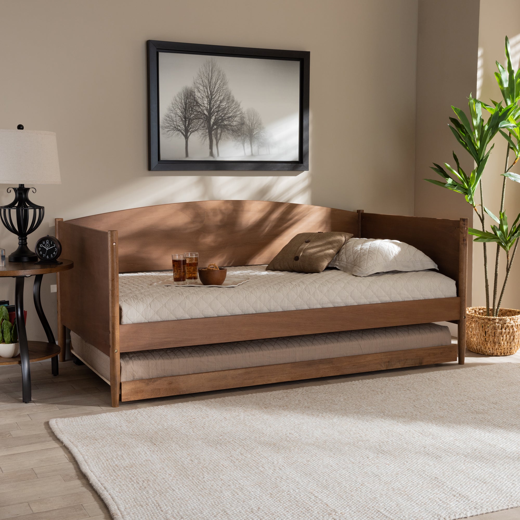 Baxton Studio Veles Mid-Century Modern Ash Wanut Finished Wood Daybed with Trundle
