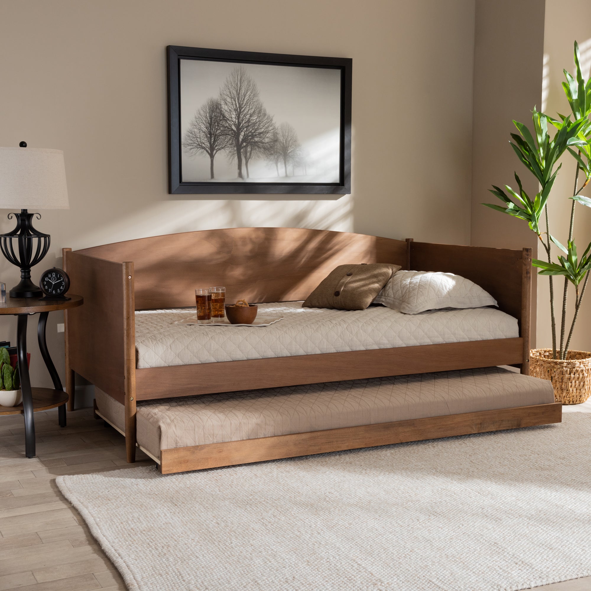 Baxton Studio Veles Mid-Century Modern Ash Wanut Finished Wood Daybed with Trundle