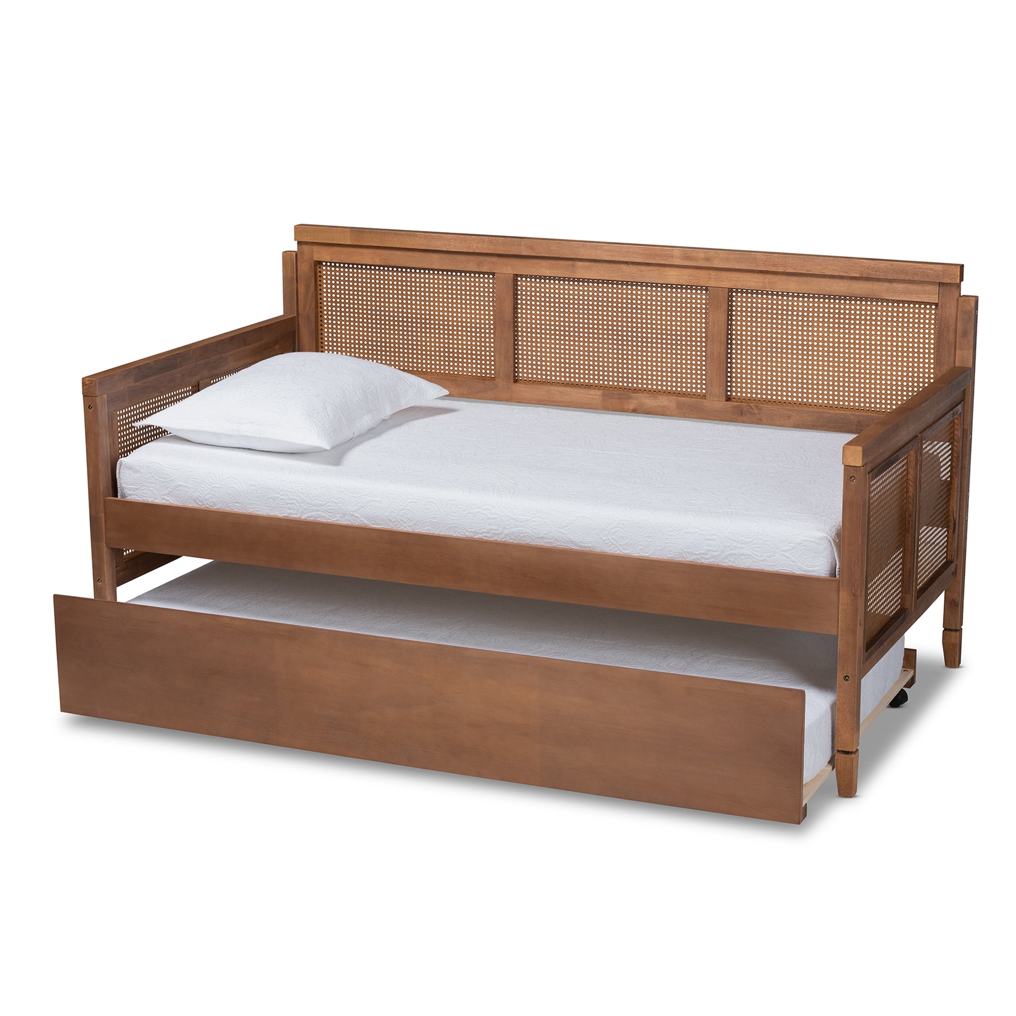 Baxton Studio Toveli Vintage French Inspired Ash Wanut Finished Wood and Synthetic Rattan Daybed with Trundle