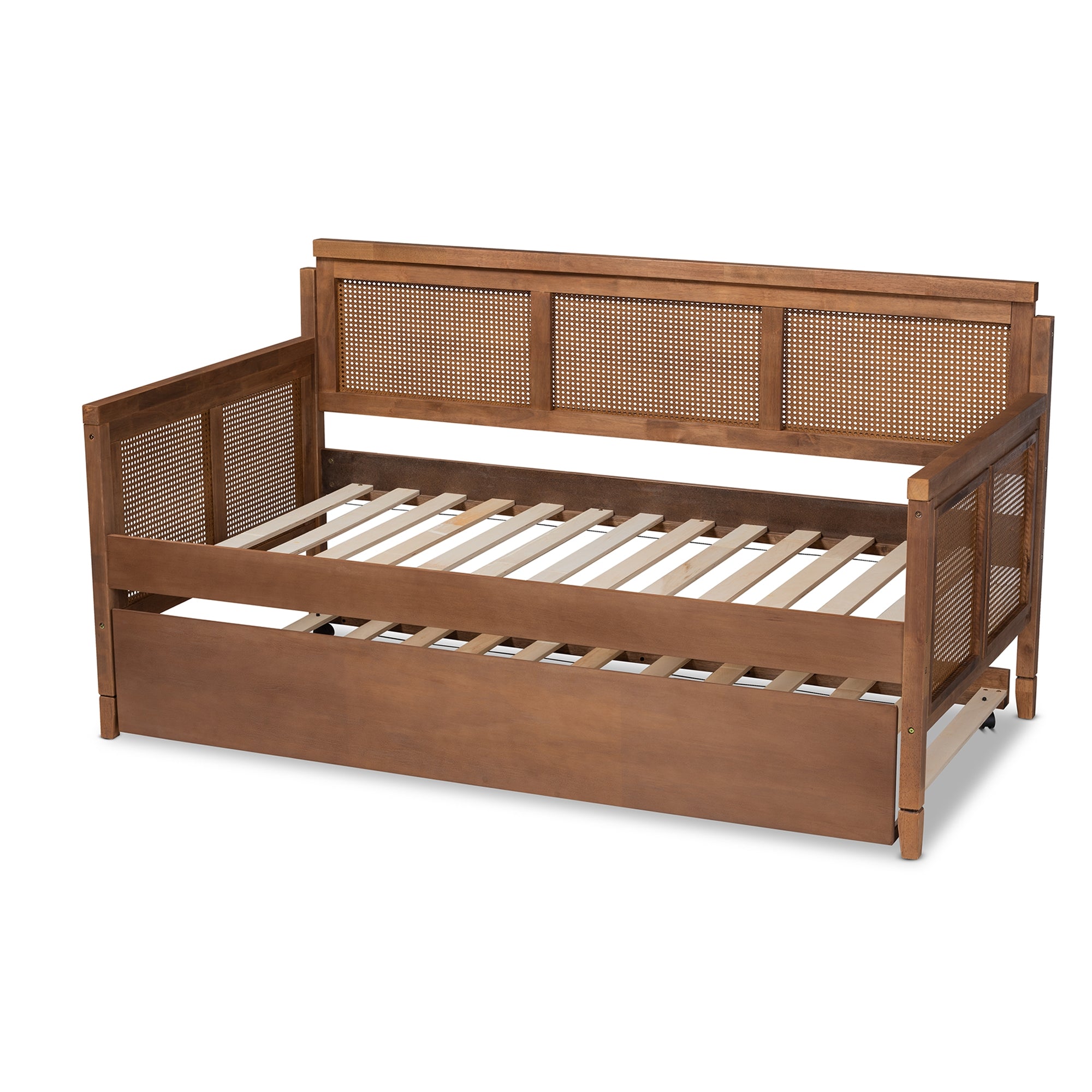 Baxton Studio Toveli Vintage French Inspired Ash Wanut Finished Wood and Synthetic Rattan Daybed with Trundle