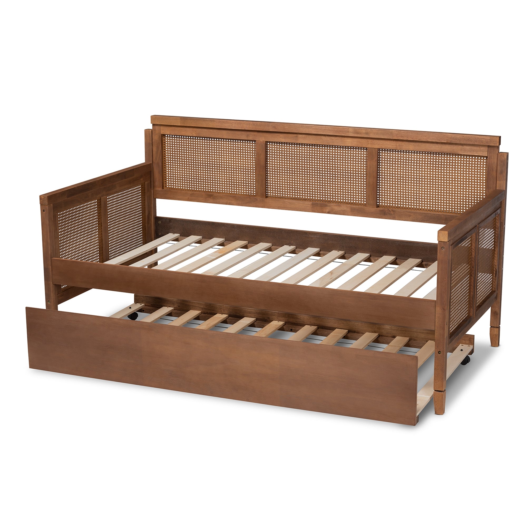 Baxton Studio Toveli Vintage French Inspired Ash Wanut Finished Wood and Synthetic Rattan Daybed with Trundle