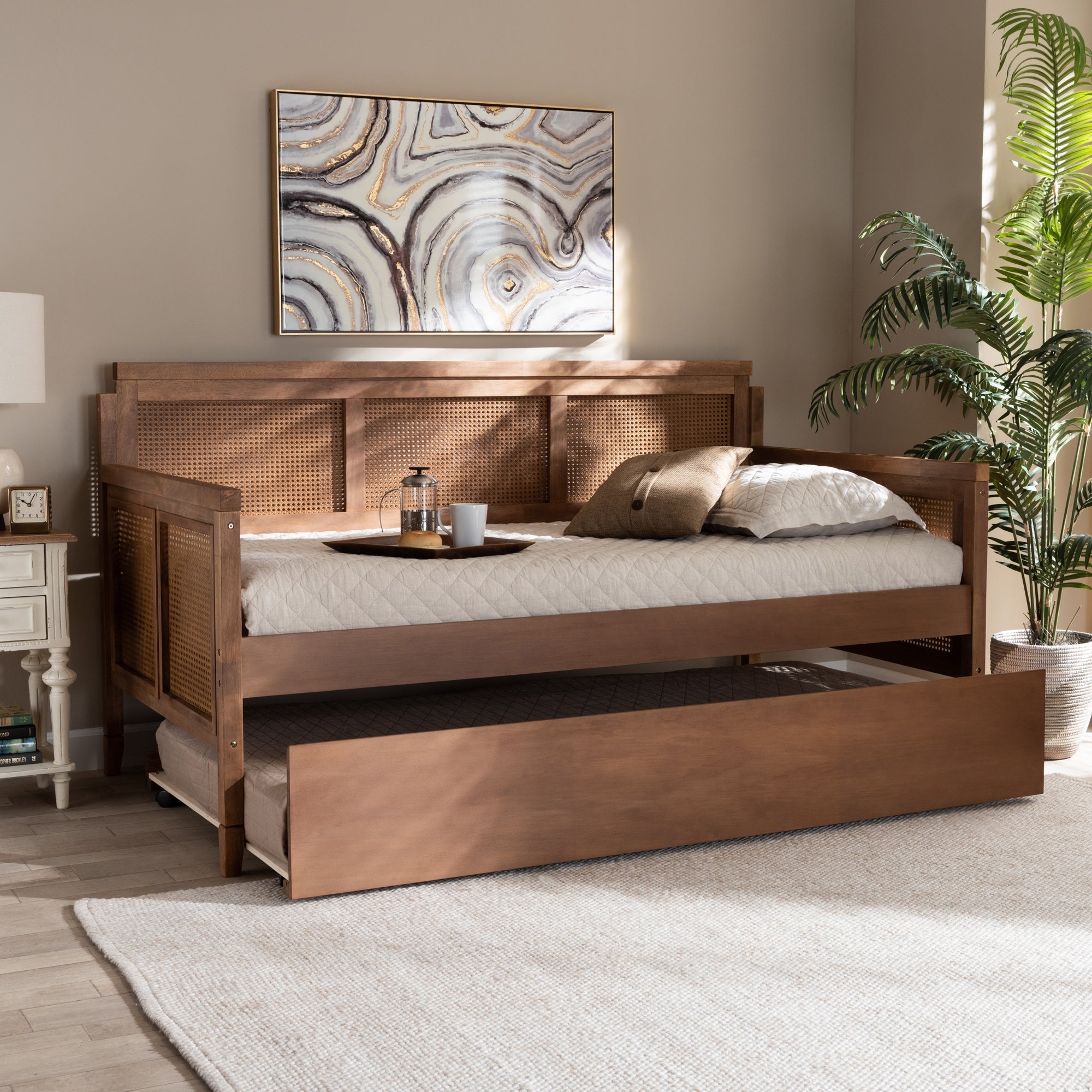 Baxton Studio Toveli Vintage French Inspired Ash Wanut Finished Wood and Synthetic Rattan Daybed with Trundle