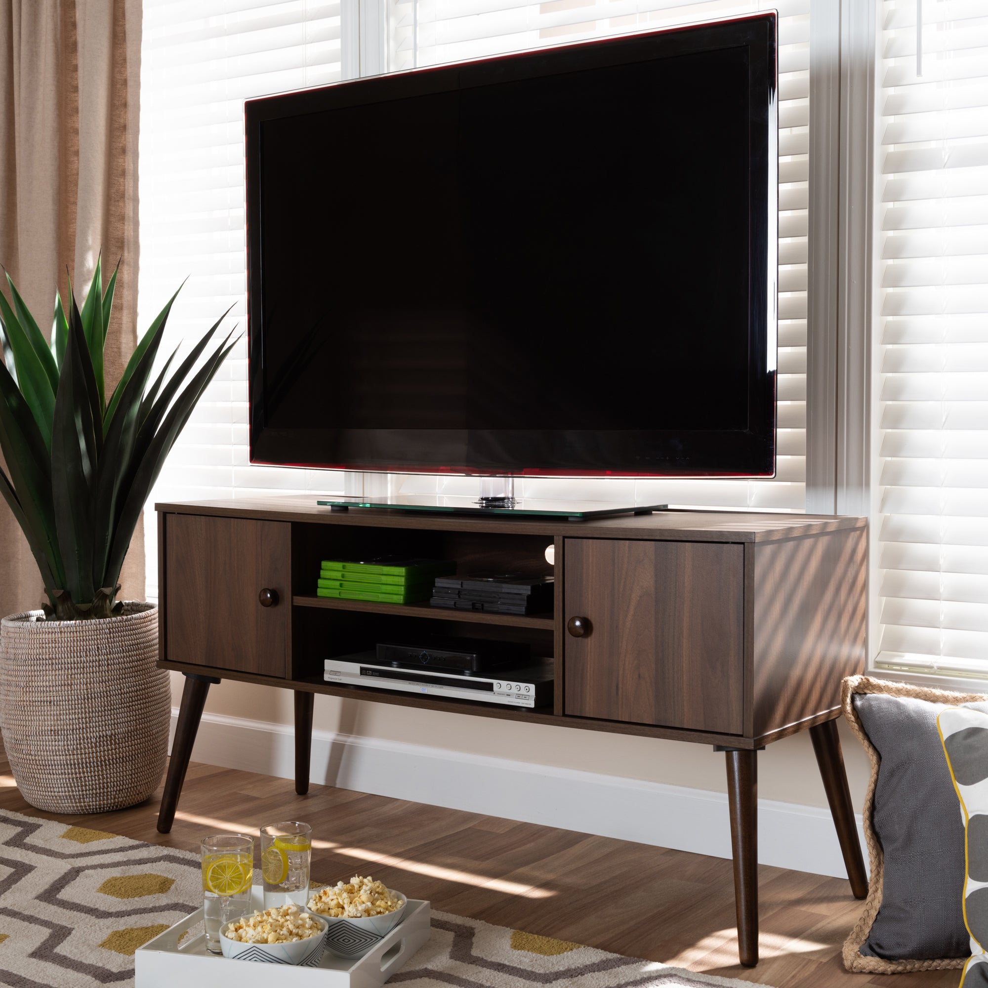 Baxton Studio Alard Mid-Century Modern Walnut Brown Finished 2-Door Wood TV Stand