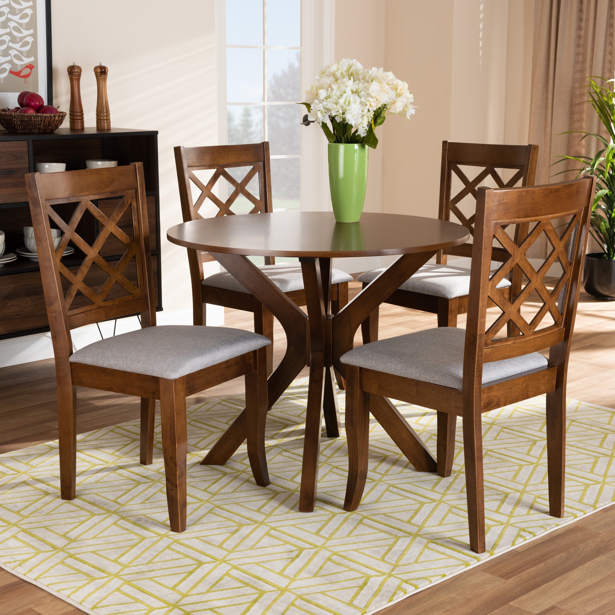 Baxton Studio Jana Modern and Contemporary Grey Fabric Upholstered and Walnut Brown Finished Wood 5-Piece Dining Set