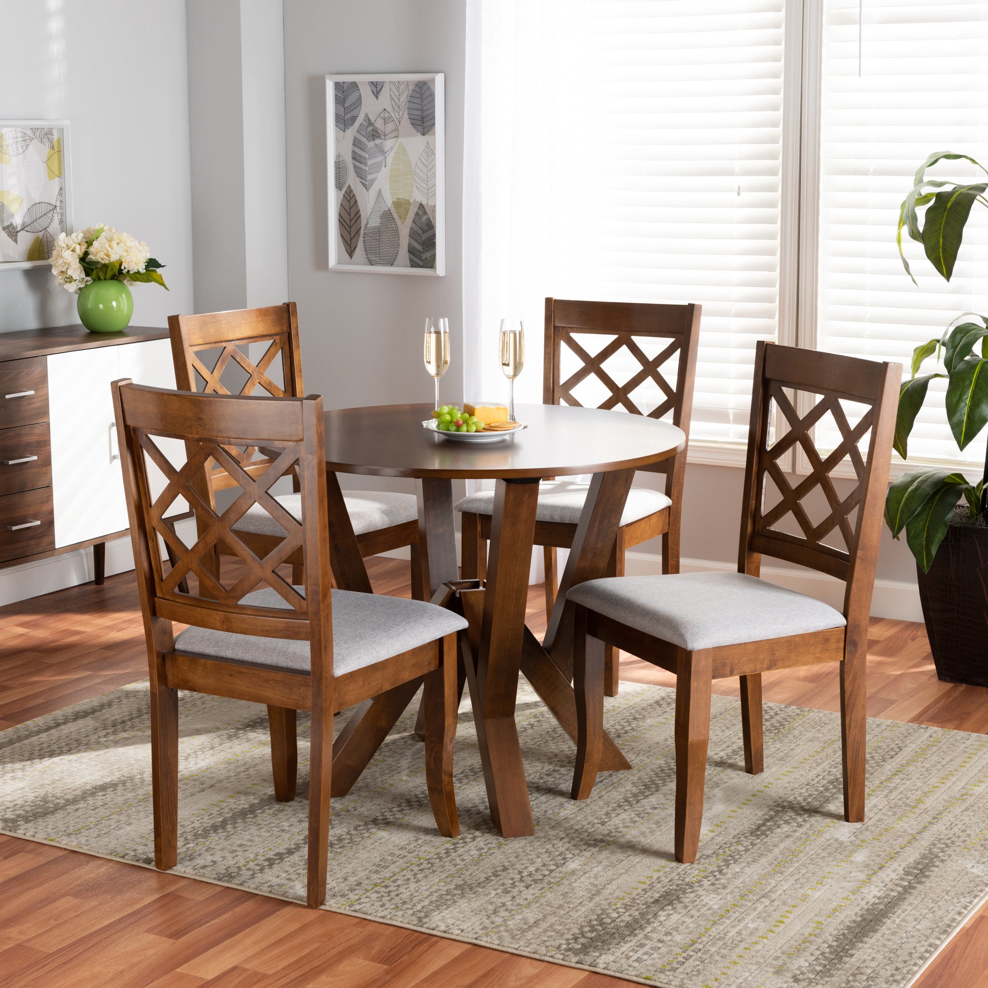 Baxton Studio Zoe Modern and Contemporary Grey Fabric Upholstered and Walnut Brown Finished Wood 5-Piece Dining Set