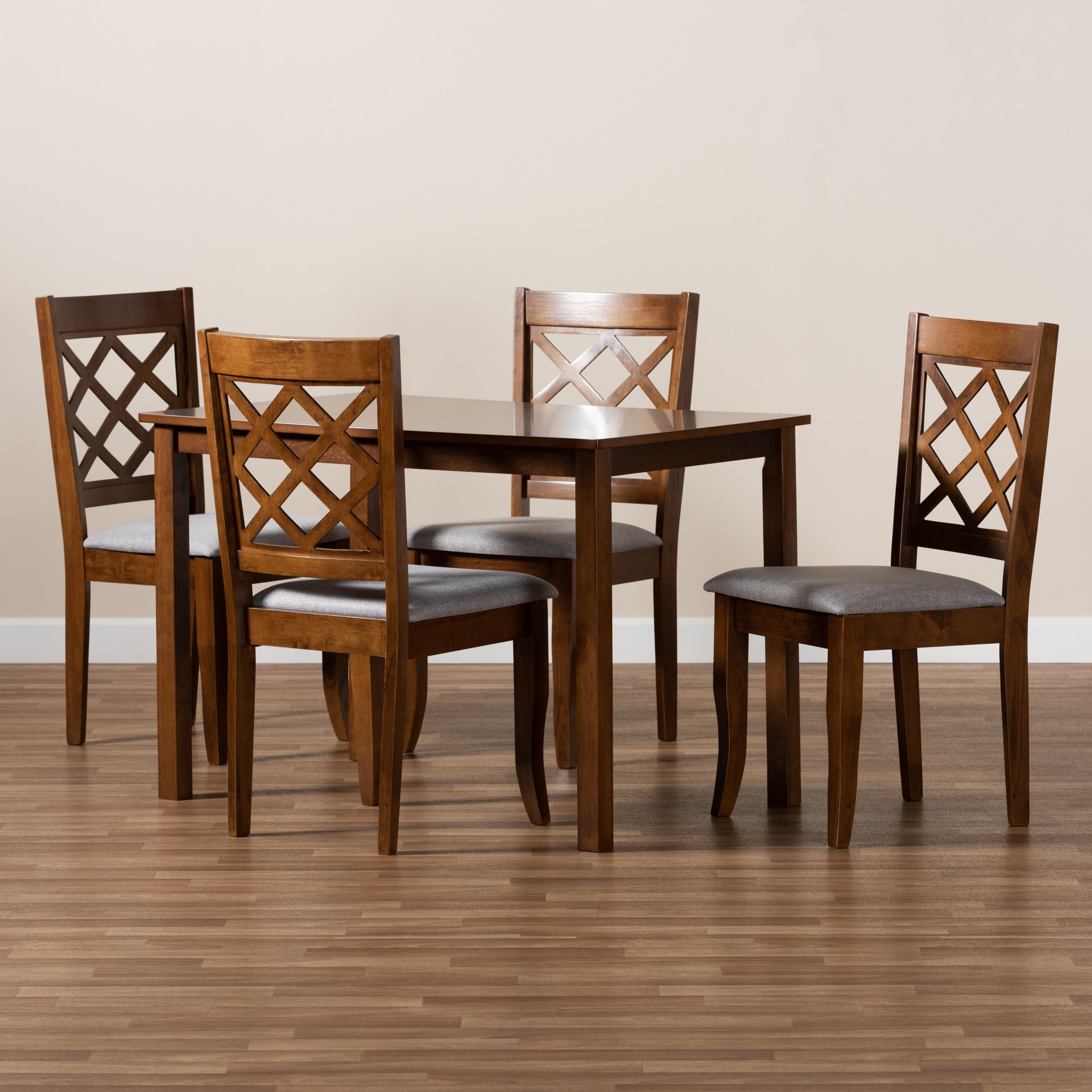 Baxton Studio Sari Modern and Contemporary Grey Fabric Upholstered and Walnut Brown Finished Wood 5-Piece Dining Set