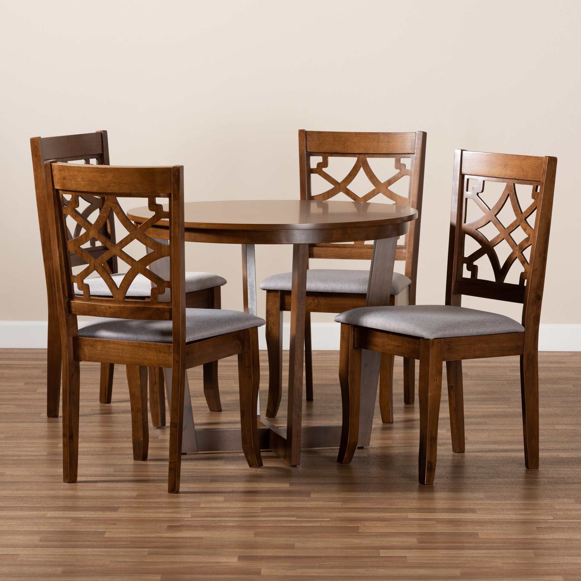 Baxton Studio Tricia Modern and Contemporary Grey Fabric Upholstered and Walnut Brown Finished Wood 5-Piece Dining Set