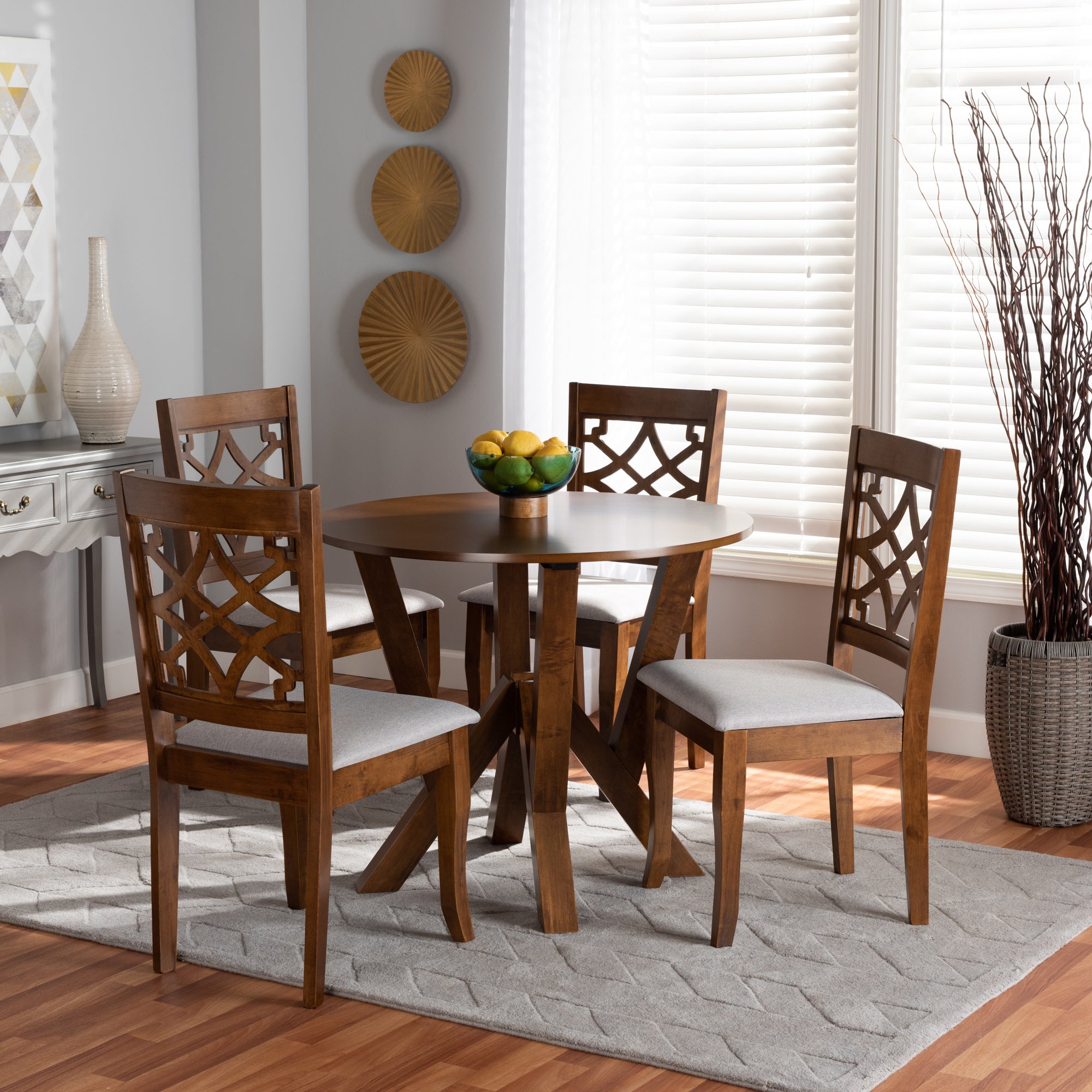 Baxton Studio Alisa Modern and Contemporary Grey Fabric Upholstered and Walnut Brown Finished Wood 5-Piece Dining Set