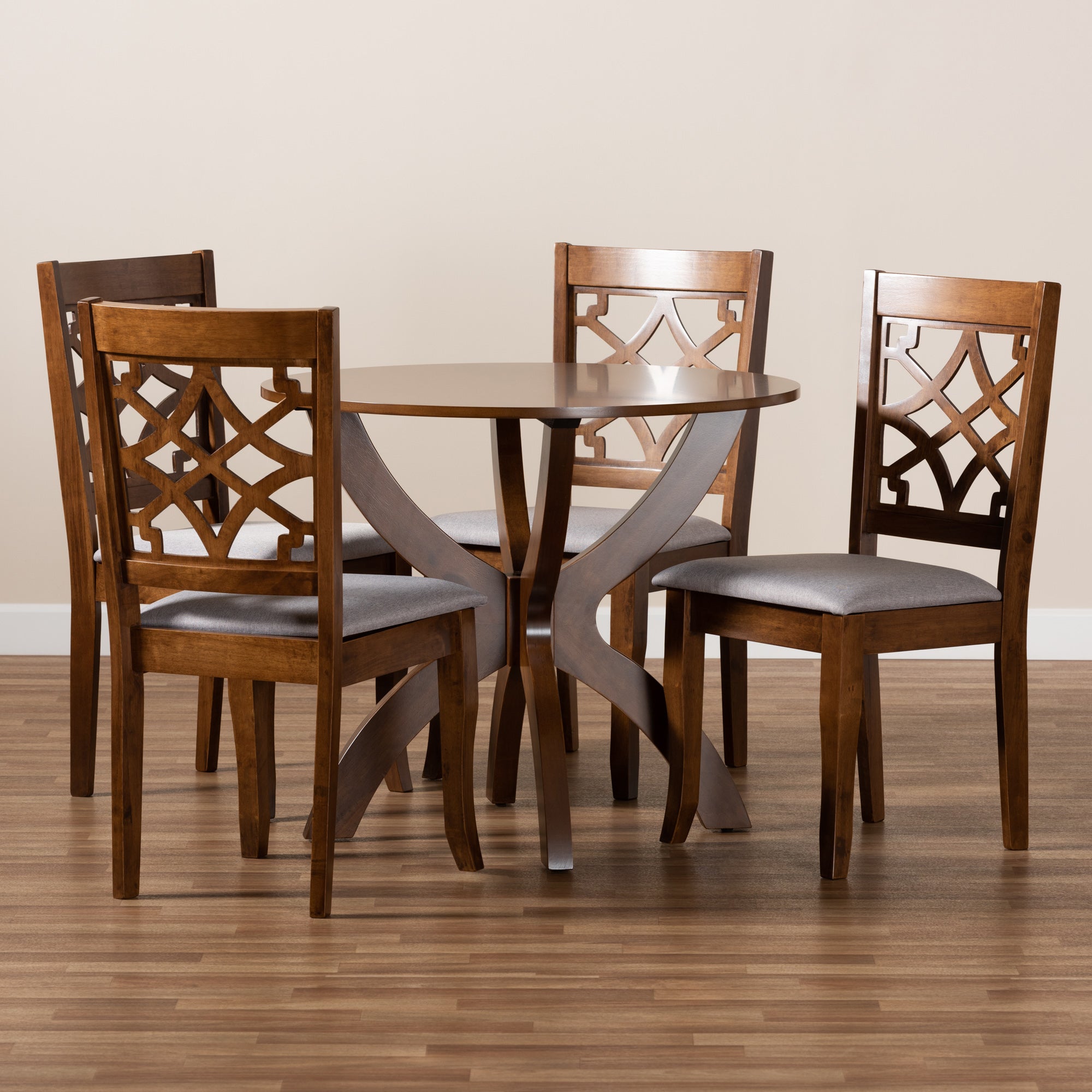 Baxton Studio Sandra Modern and Contemporary Grey Fabric Upholstered and Walnut Brown Finished Wood 5-Piece Dining Set