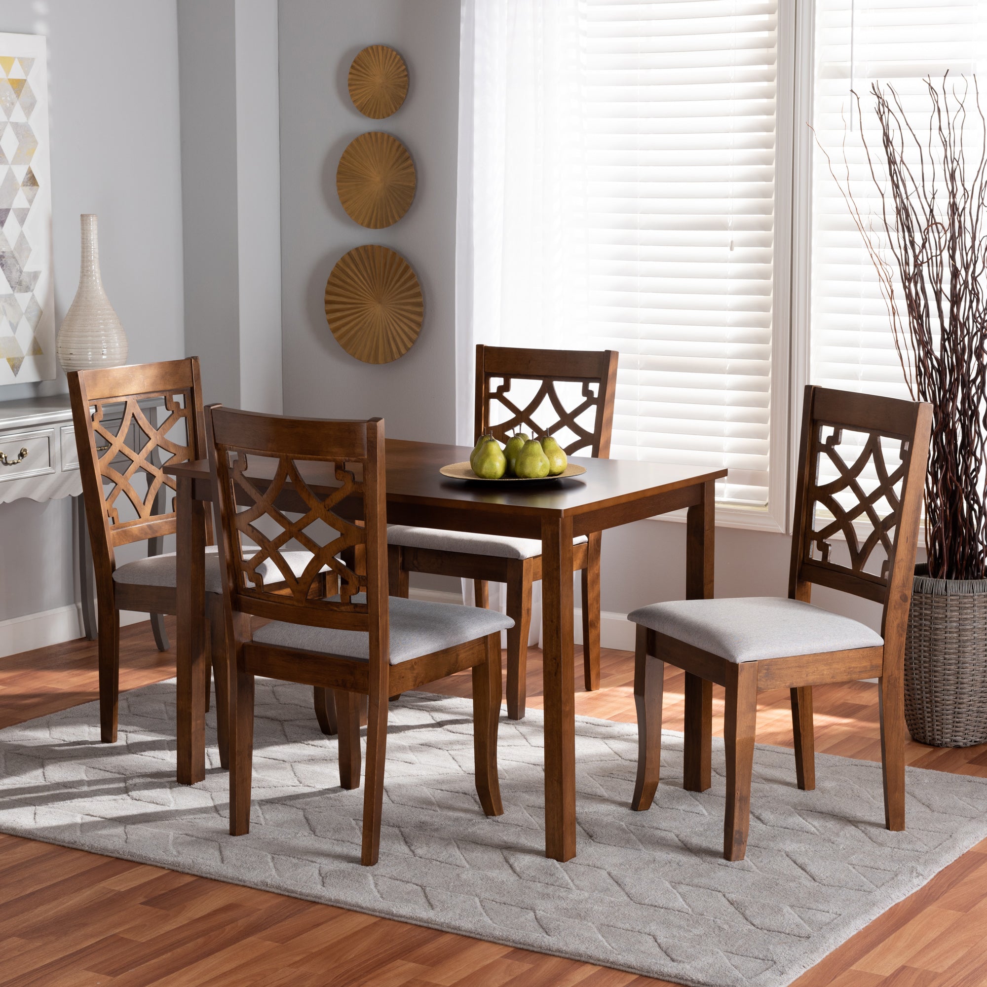 Baxton Studio Celina Modern and Contemporary Grey Fabric Upholstered and Walnut Brown Finished Wood 5-Piece Dining Set