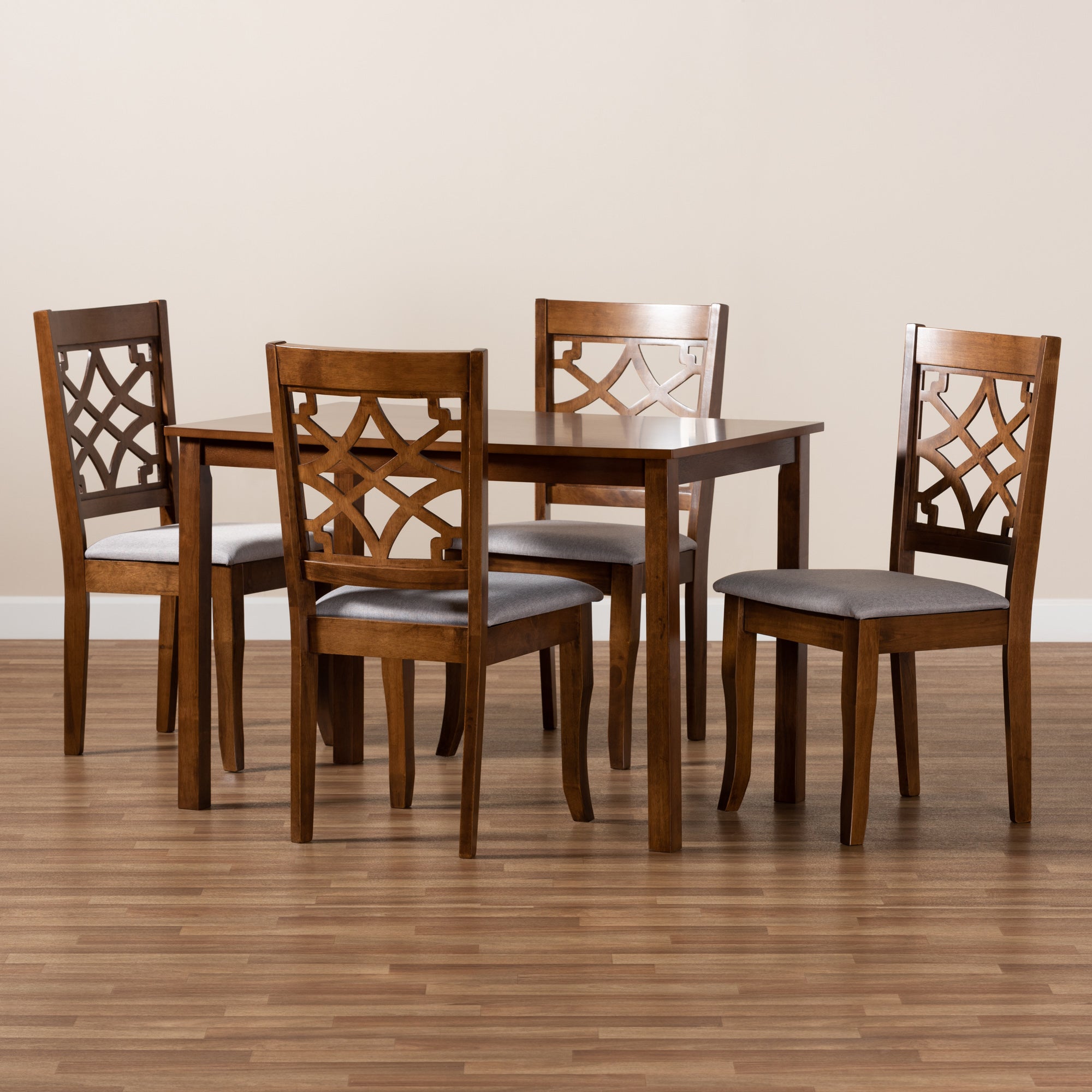 Baxton Studio Celina Modern and Contemporary Grey Fabric Upholstered and Walnut Brown Finished Wood 5-Piece Dining Set