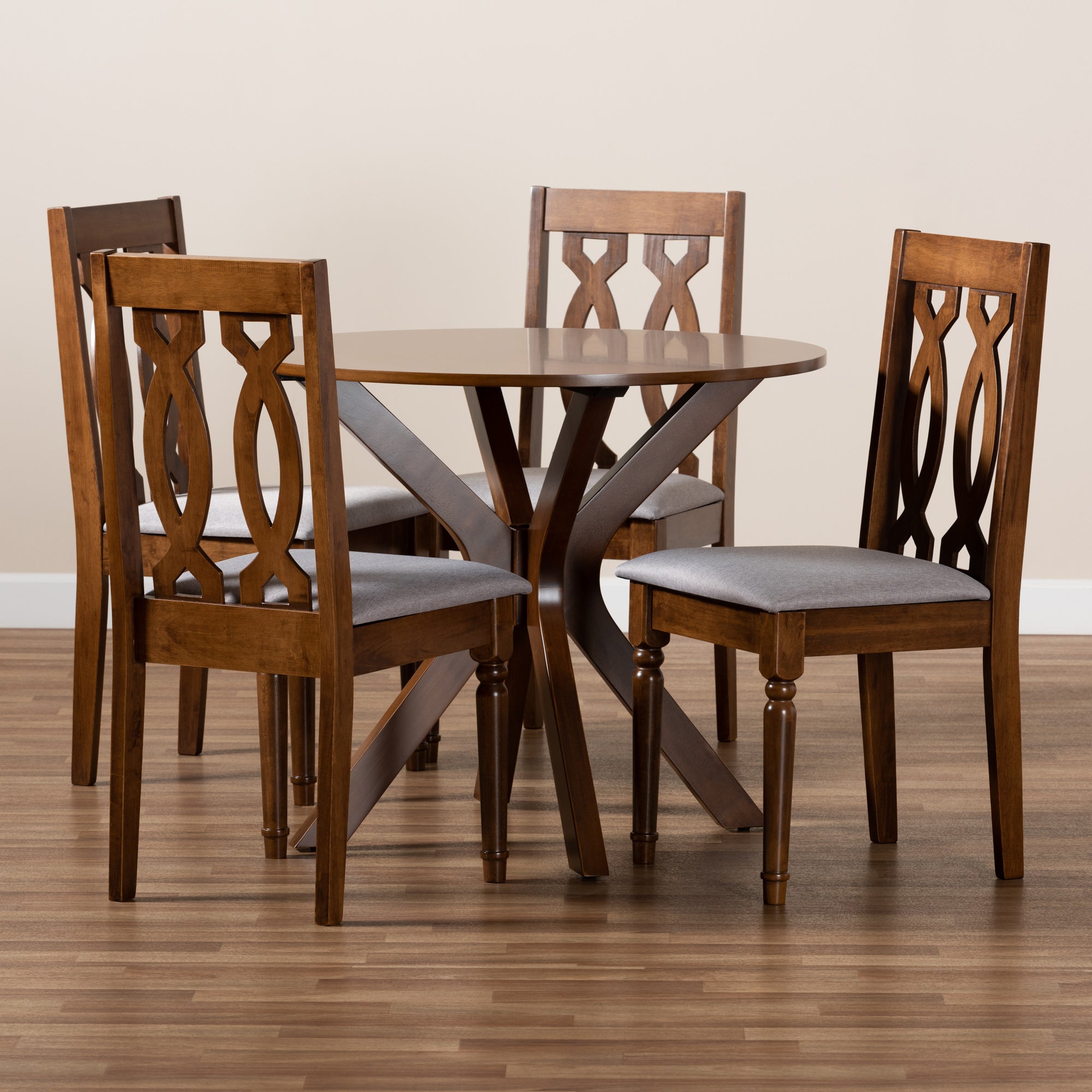 Baxton Studio Callie Modern and Contemporary Grey Fabric Upholstered and Walnut Brown Finished Wood 5-Piece Dining Set