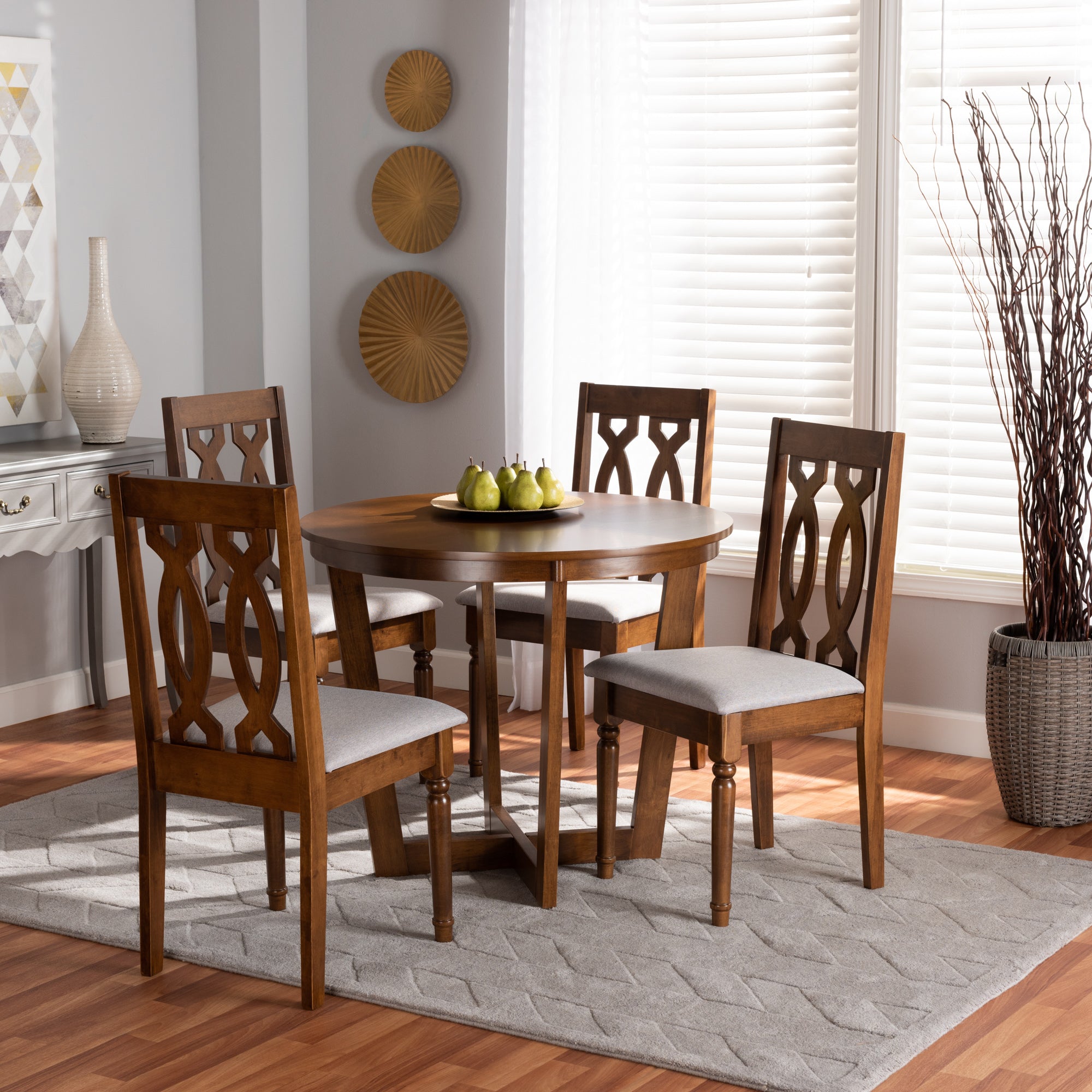 Baxton Studio Julie Modern and Contemporary Grey Fabric Upholstered and Walnut Brown Finished Wood 5-Piece Dining Set