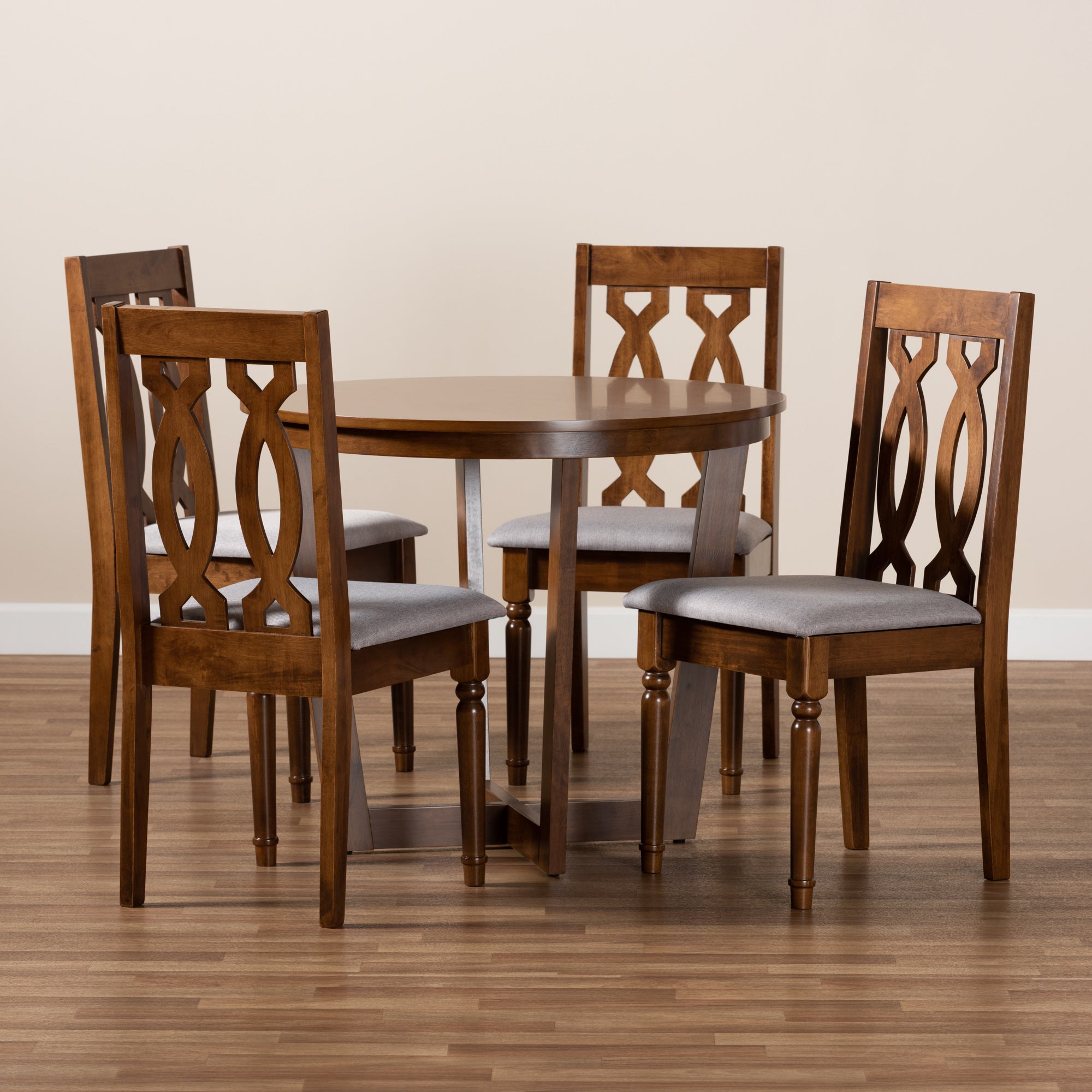 Baxton Studio Julie Modern and Contemporary Grey Fabric Upholstered and Walnut Brown Finished Wood 5-Piece Dining Set