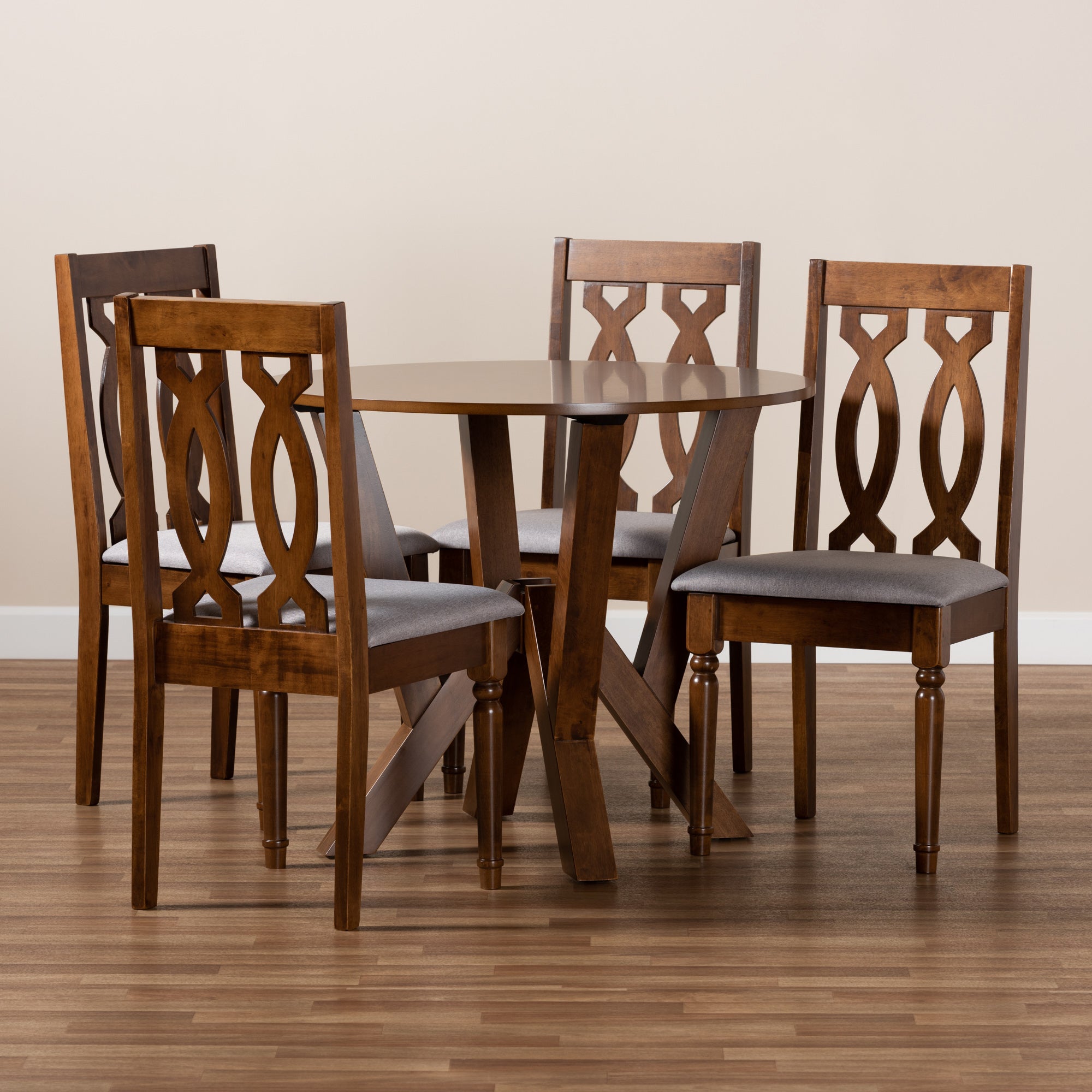 Baxton Studio Elaine Modern and Contemporary Grey Fabric Upholstered and Walnut Brown Finished Wood 5-Piece Dining Set