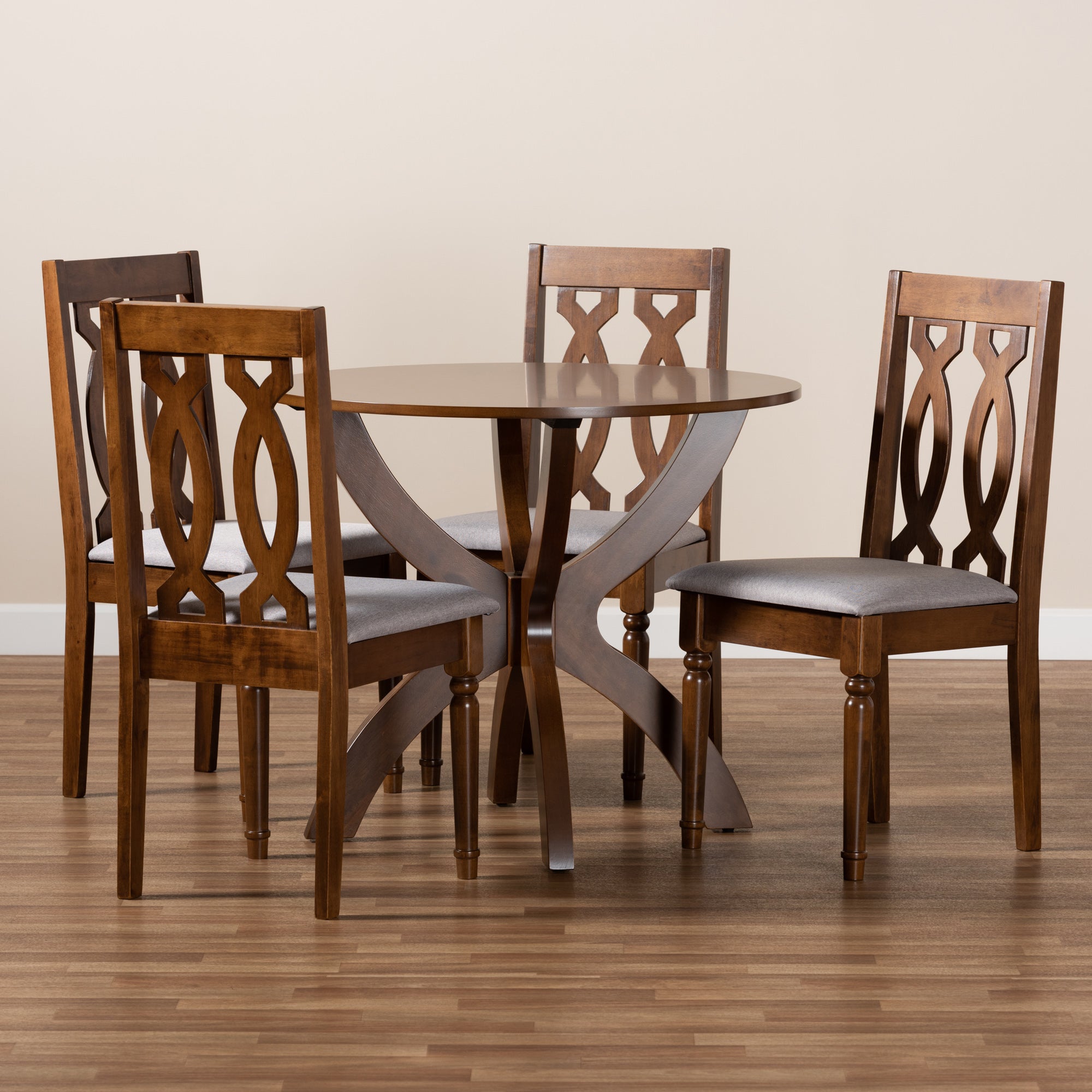 Baxton Studio Mona Modern and Contemporary Grey Fabric Upholstered and Walnut Brown Finished Wood 5-Piece Dining Set