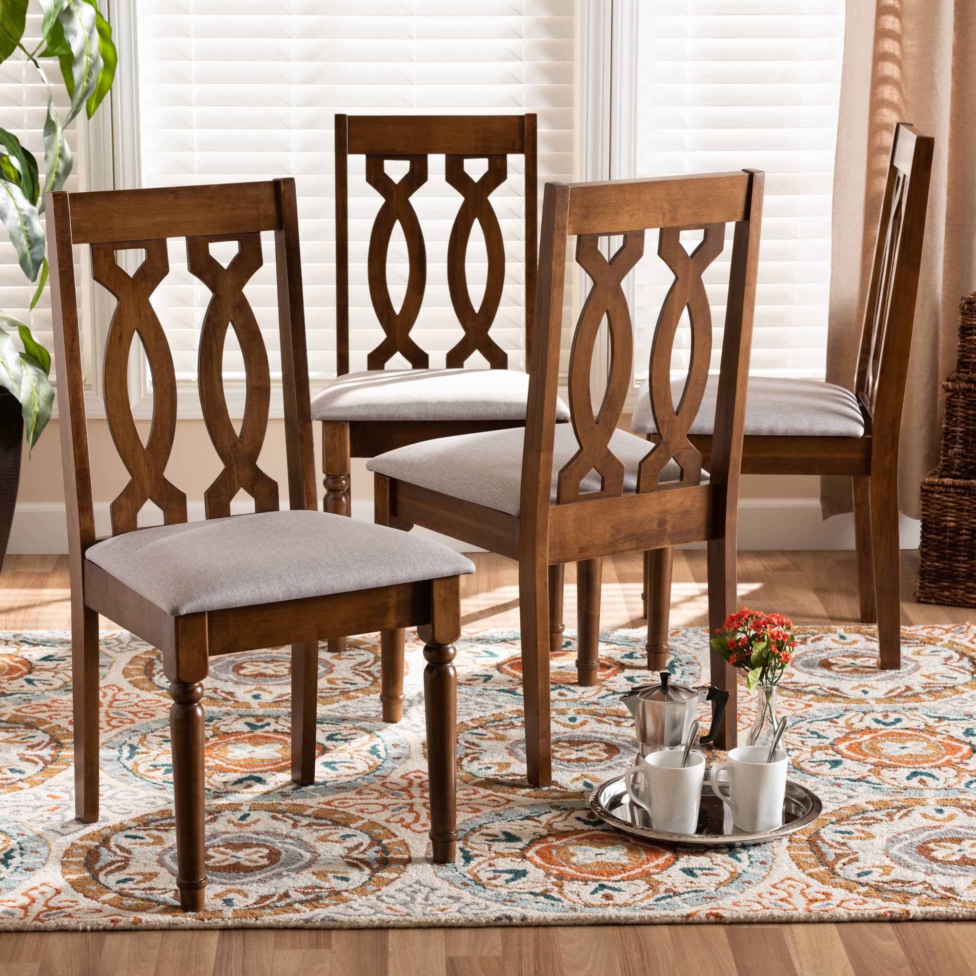 Baxton Studio Cherese Modern and Contemporary Grey Fabric Upholstered Walnut Brown Finished 4-Piece Wood Dining Chair Set