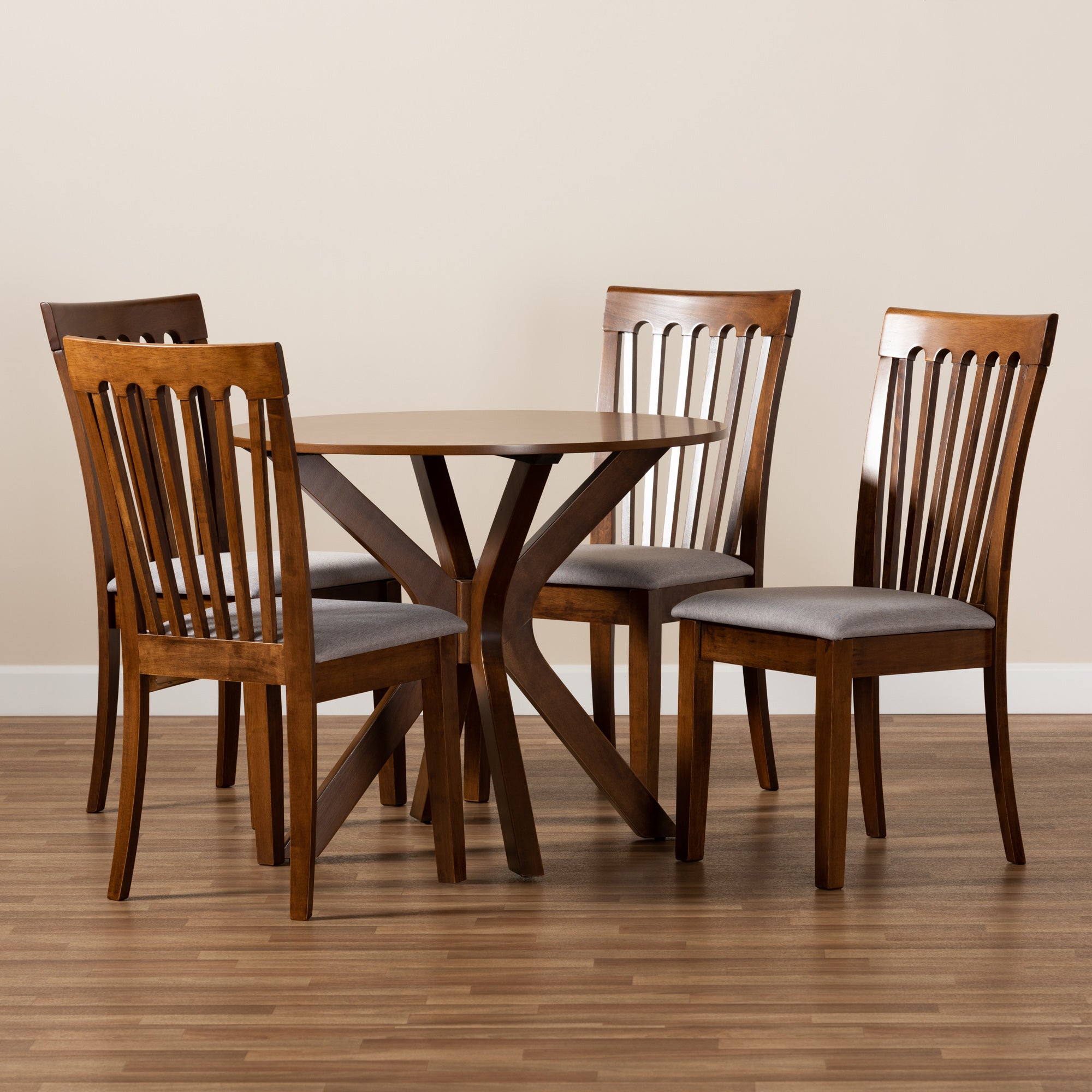 Baxton Studio Lore Modern and Contemporary Grey Fabric Upholstered and Walnut Brown Finished Wood 5-Piece Dining Set