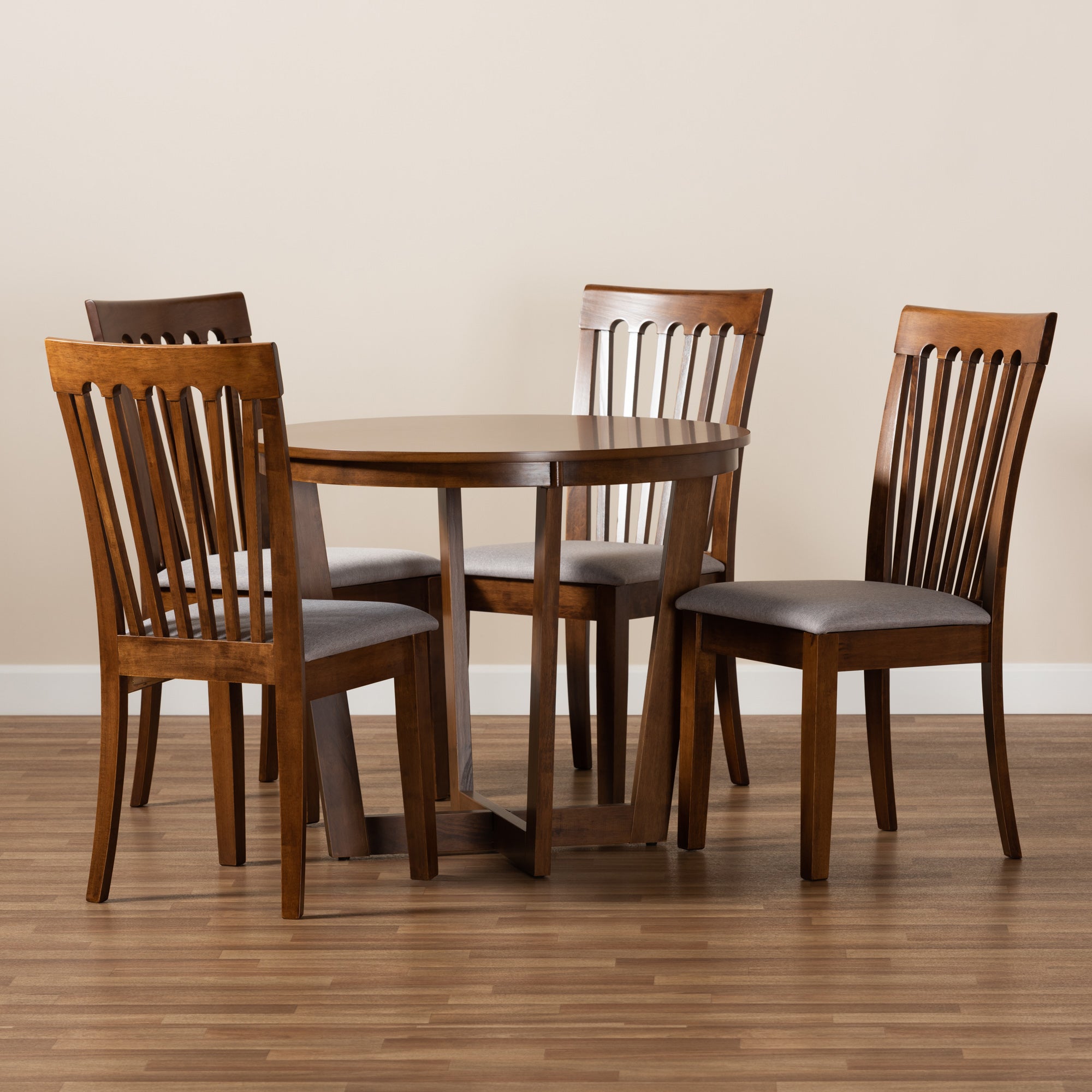 Baxton Studio Andi Modern and Contemporary Grey Fabric Upholstered and Walnut Brown Finished Wood 5-Piece Dining Set