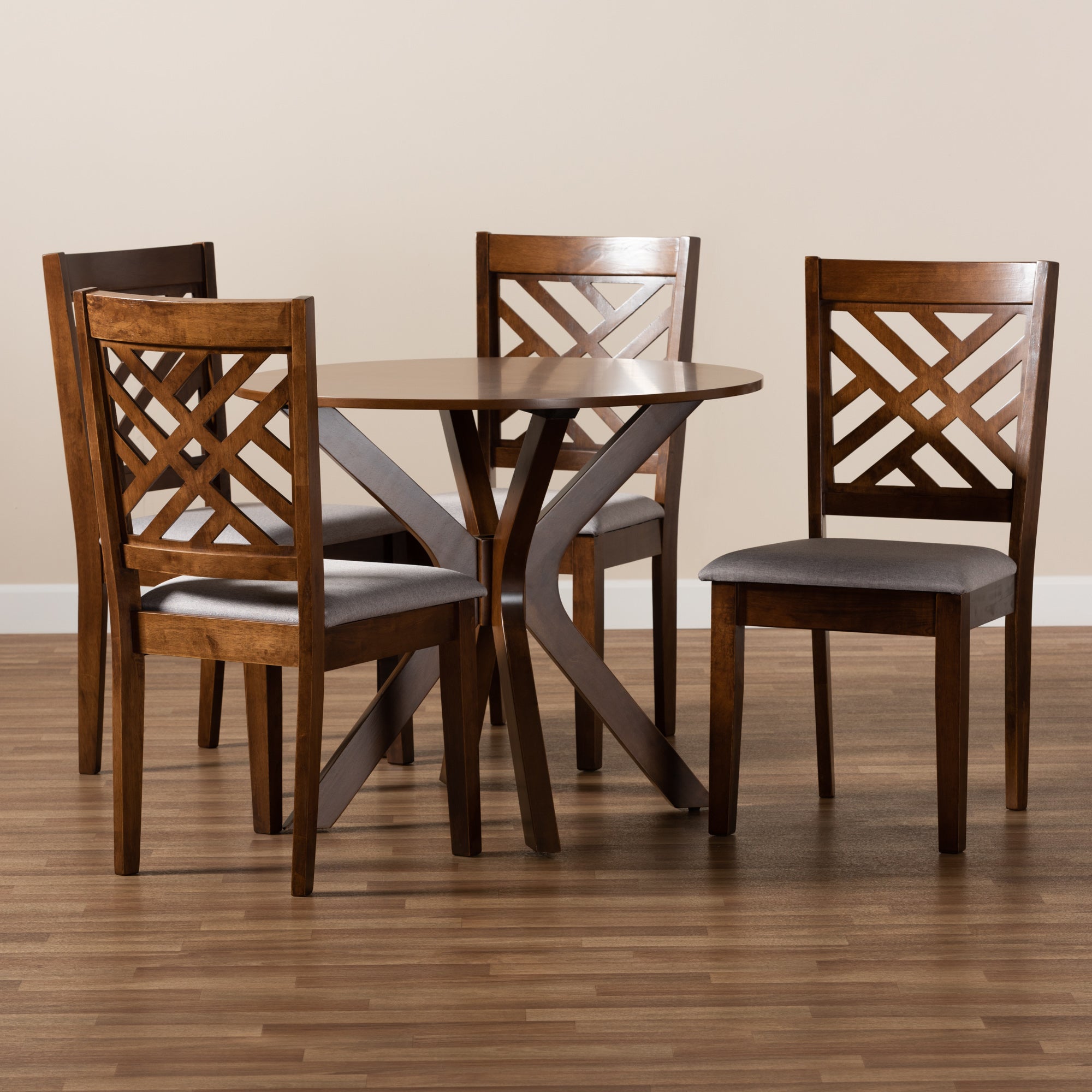 Baxton Studio Norah Modern and Contemporary Grey Fabric Upholstered and Walnut Brown Finished Wood 5-Piece Dining Set