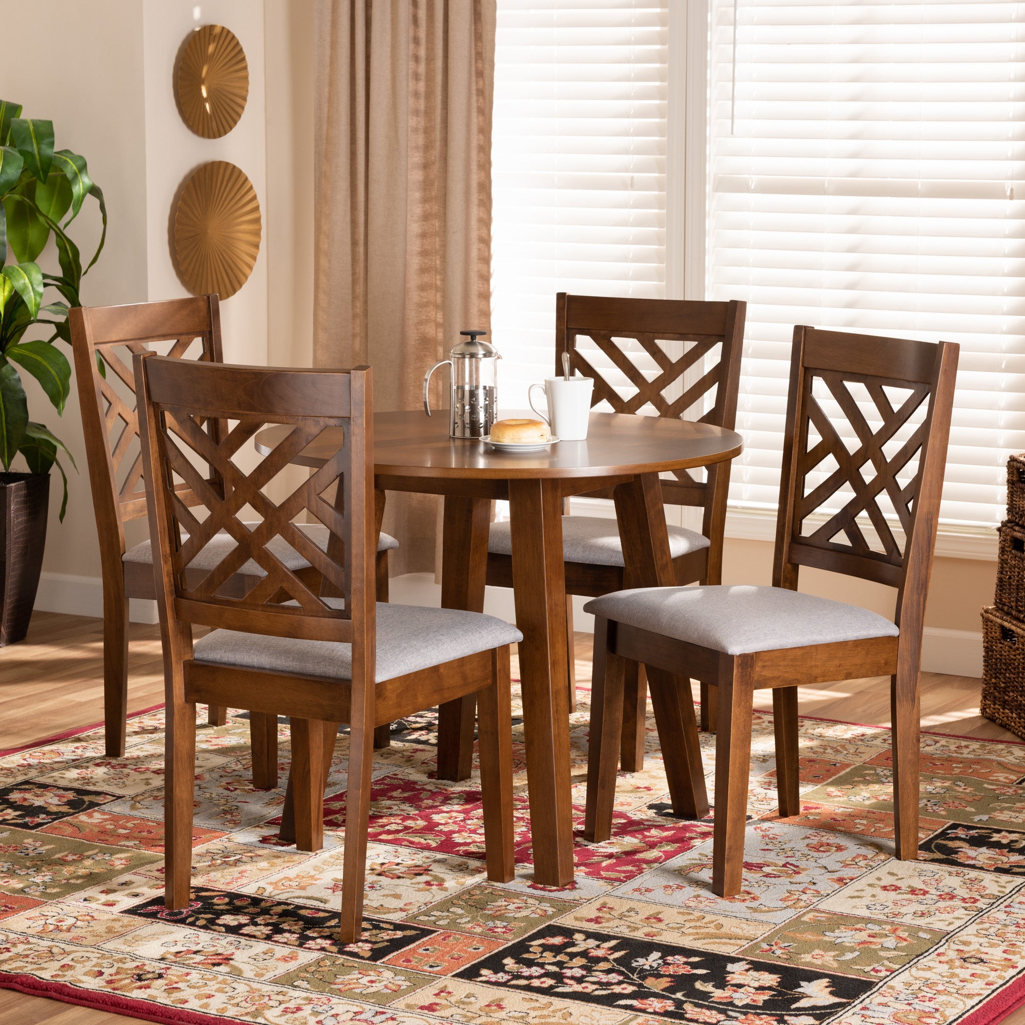 Baxton Studio Lilly Modern and Contemporary Grey Fabric Upholstered and Walnut Brown Finished Wood 5-Piece Dining Set