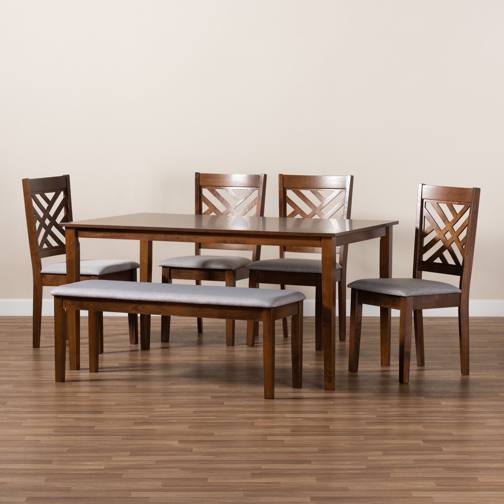 Baxton Studio Gustavo Modern and Contemporary Grey Fabric Upholstered and Walnut Brown Finished Wood 6-Piece Dining Set