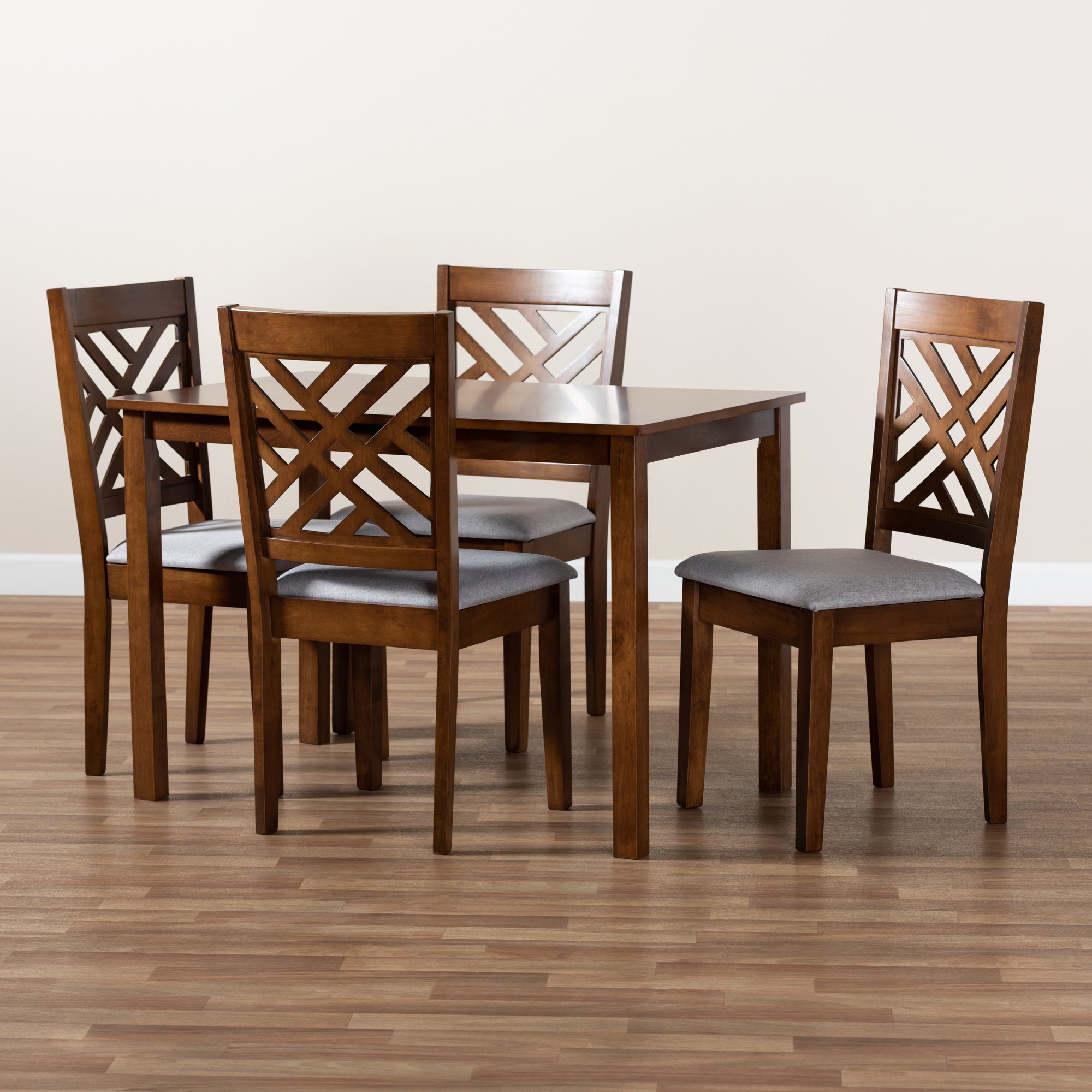Baxton Studio Caron Modern and Contemporary Grey Fabric Upholstered Walnut Brown Finished Wood 5-Piece Dining Set