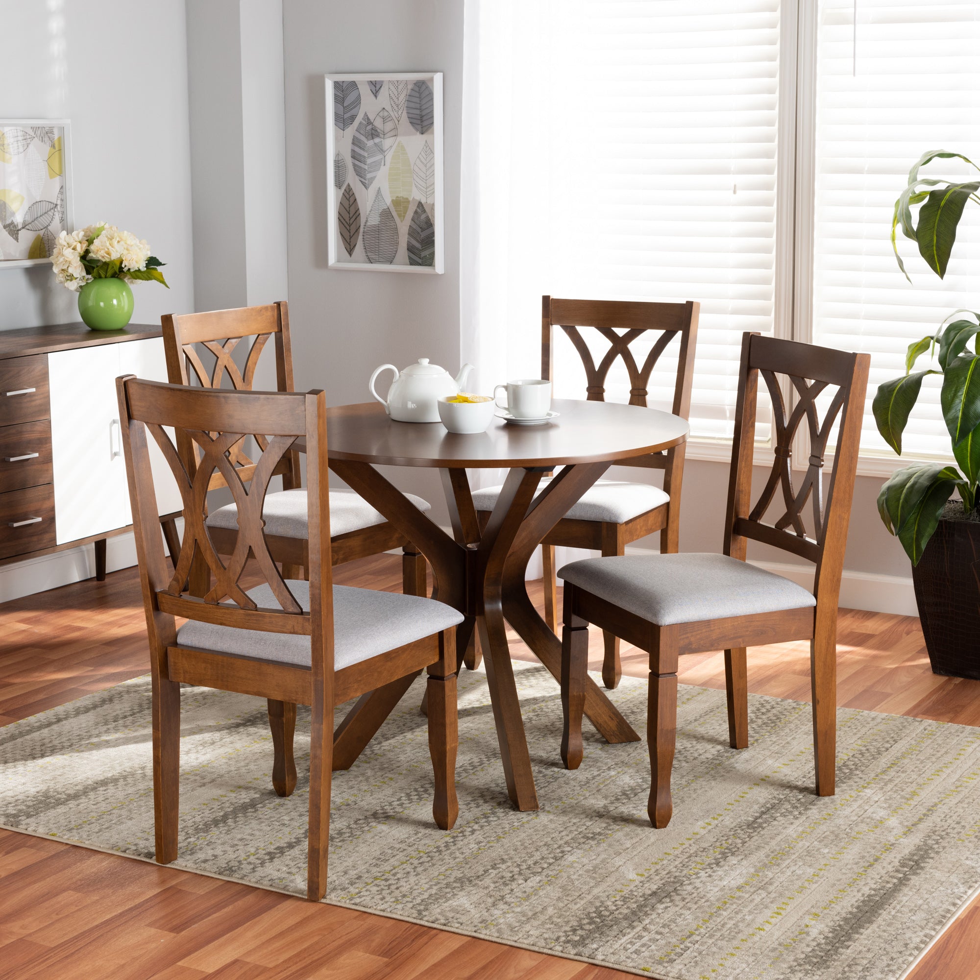 Baxton Studio Maya Modern and Contemporary Grey Fabric Upholstered and Walnut Brown Finished Wood 5-Piece Dining Set